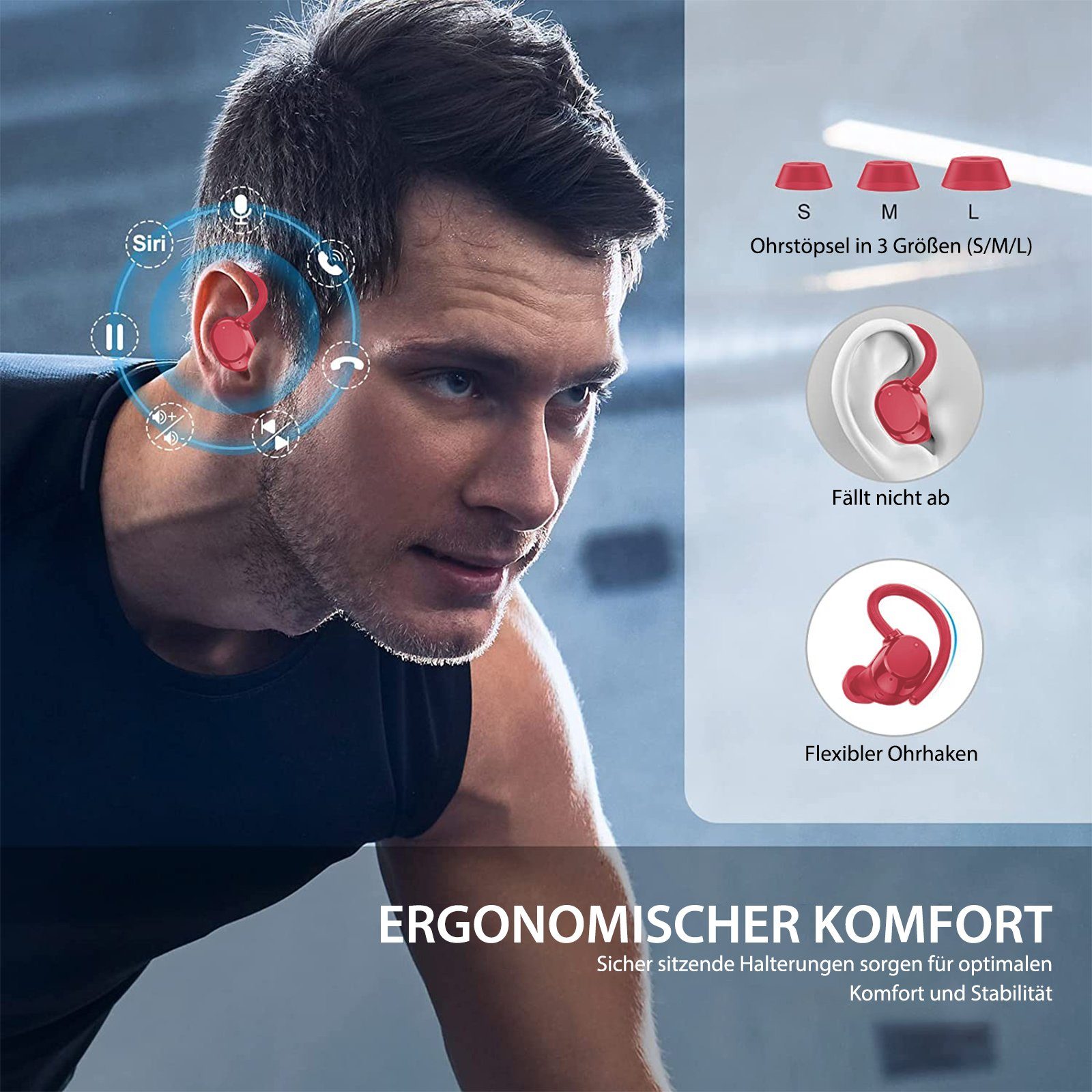 Bluetooth 5.3 Ohrbügeln Anruf, Sportkopfhörer, (Immersives HD ENC LED-Ladebox, CVC8.0) Rot HIFI-Stereo, Kabellos In-Ear-Kopfhörer mit mit Bluetooth Yuede Rauschunterdruckung, Kopfhorer Earbuds
