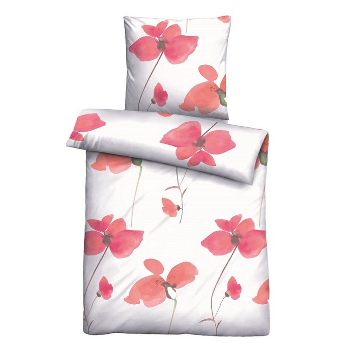 Bettwäsche Seersucker Traumschloss Seersucker 2 teilig Blumen in orange pink auf weißem Hinterngrund