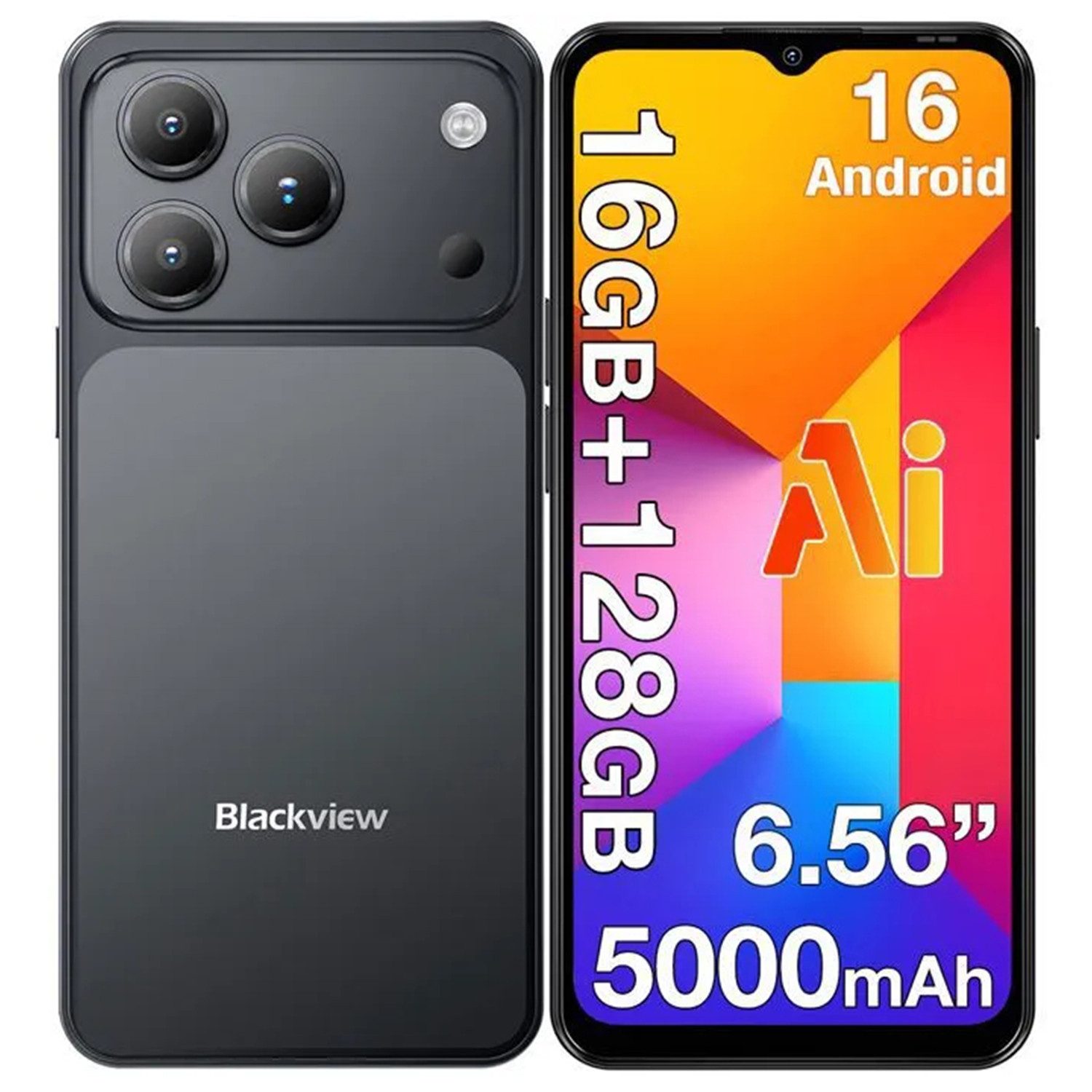 blackview Smartphone ohne Vertrag,16GB +128GB, 5000mAh Akku,Android 16, Dual SIM Smartphone (6.56 Zoll, 128 GB Speicherplatz, 6,56" HD+ Display, Face ID, KI-Smartphone mit Doke AI 2.0, IP54)