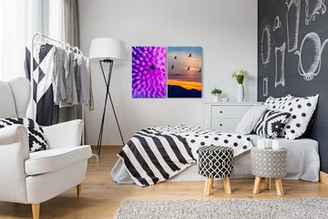 Sinus Art Leinwandbild 2 Bilder je 60x90cm Koralle Kraniche Violett Berge Abendröte Himmel Sonnenuntergang