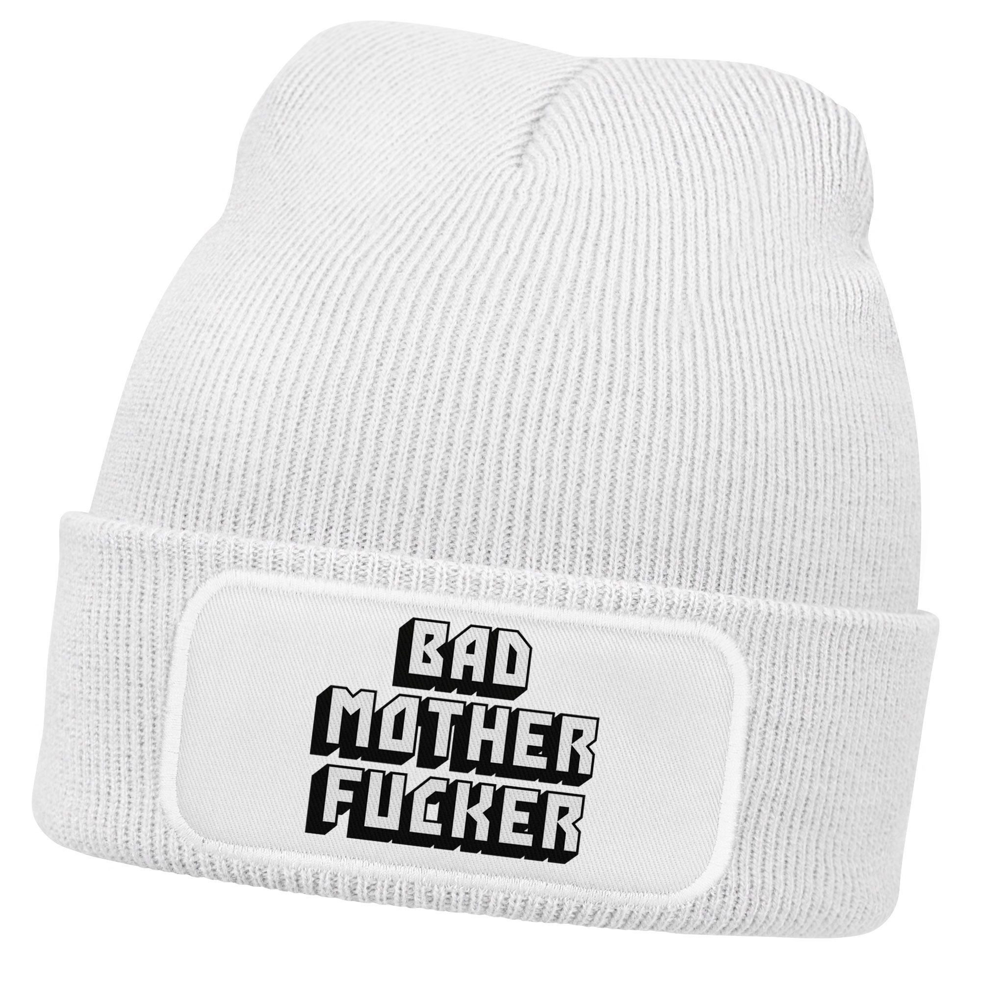 Strickmütze Damen Beanie mit Patch Strickmütze mit Spruch Bad Mother Fucker