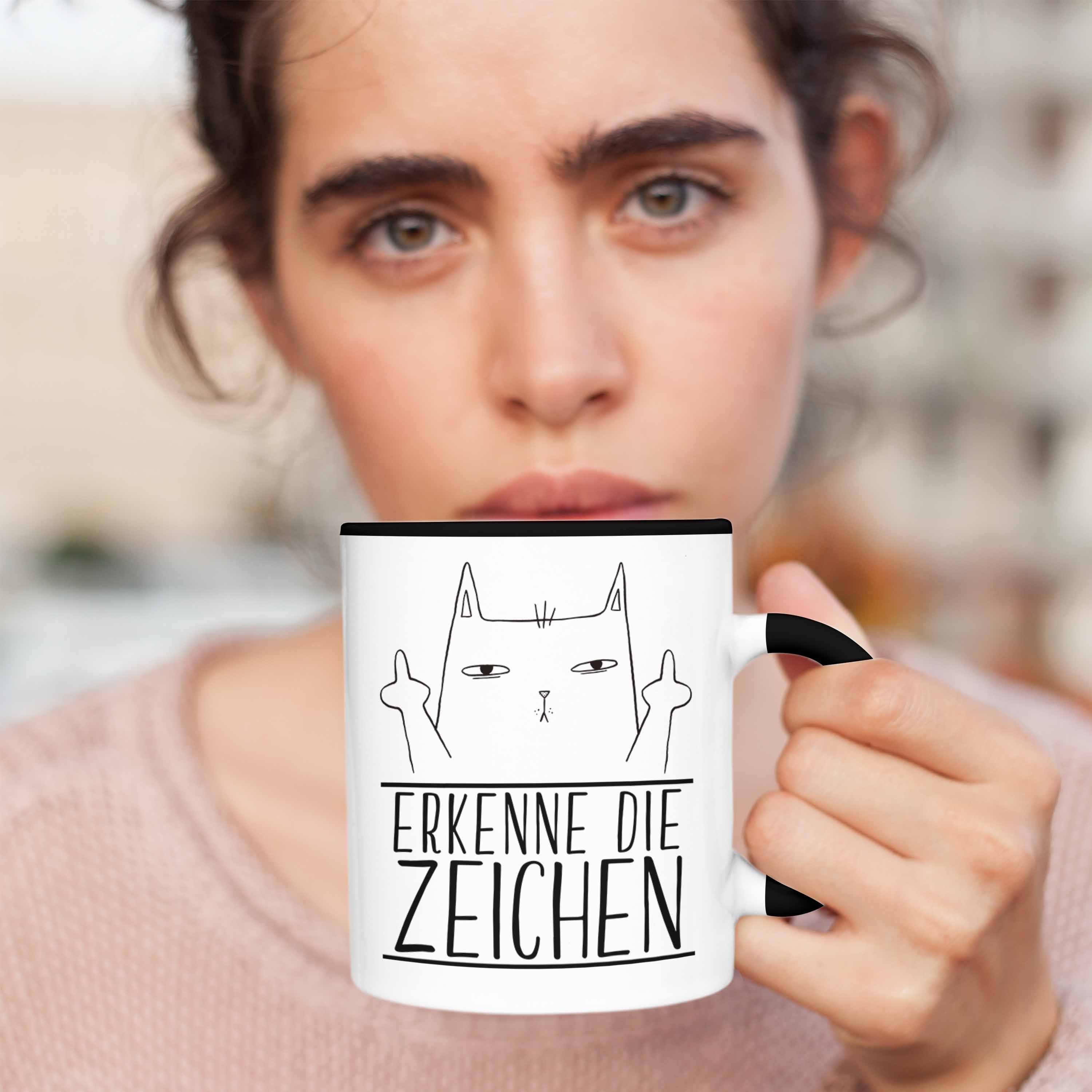 - Tasse Schwarz Zeichen Geschenkidee Katzenliebhaber Geschenk Tasse Trendation Trendation Katze Mittlerer Erkenne Finger Die