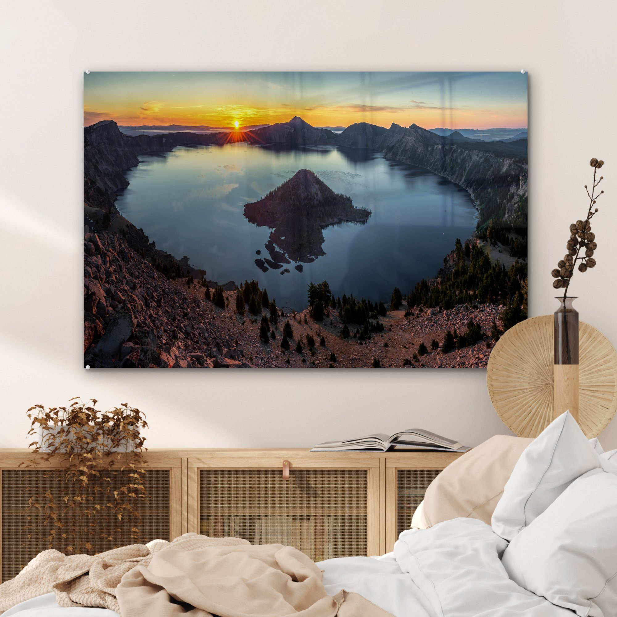 im Crater Park MuchoWow Schlafzimmer den National Lake USA, & Acrylglasbilder Sonnenuntergang in St), (1 Wohnzimmer Acrylglasbild