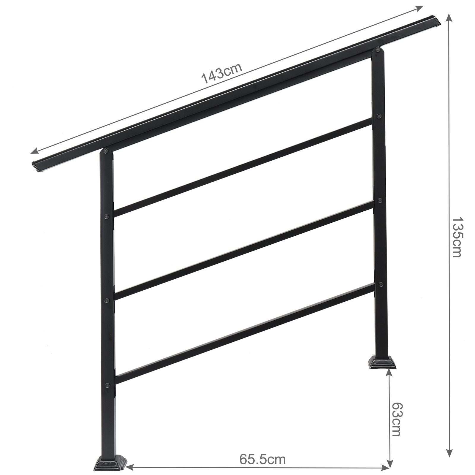 LALAHO Treppengeländer Handlauf Geländer für Treppen Brüstung Balkon, 143 cm Länge, 135 cm Höhe, mit 2 Pfosten, 1–4 Stufen, 3 Querstreben