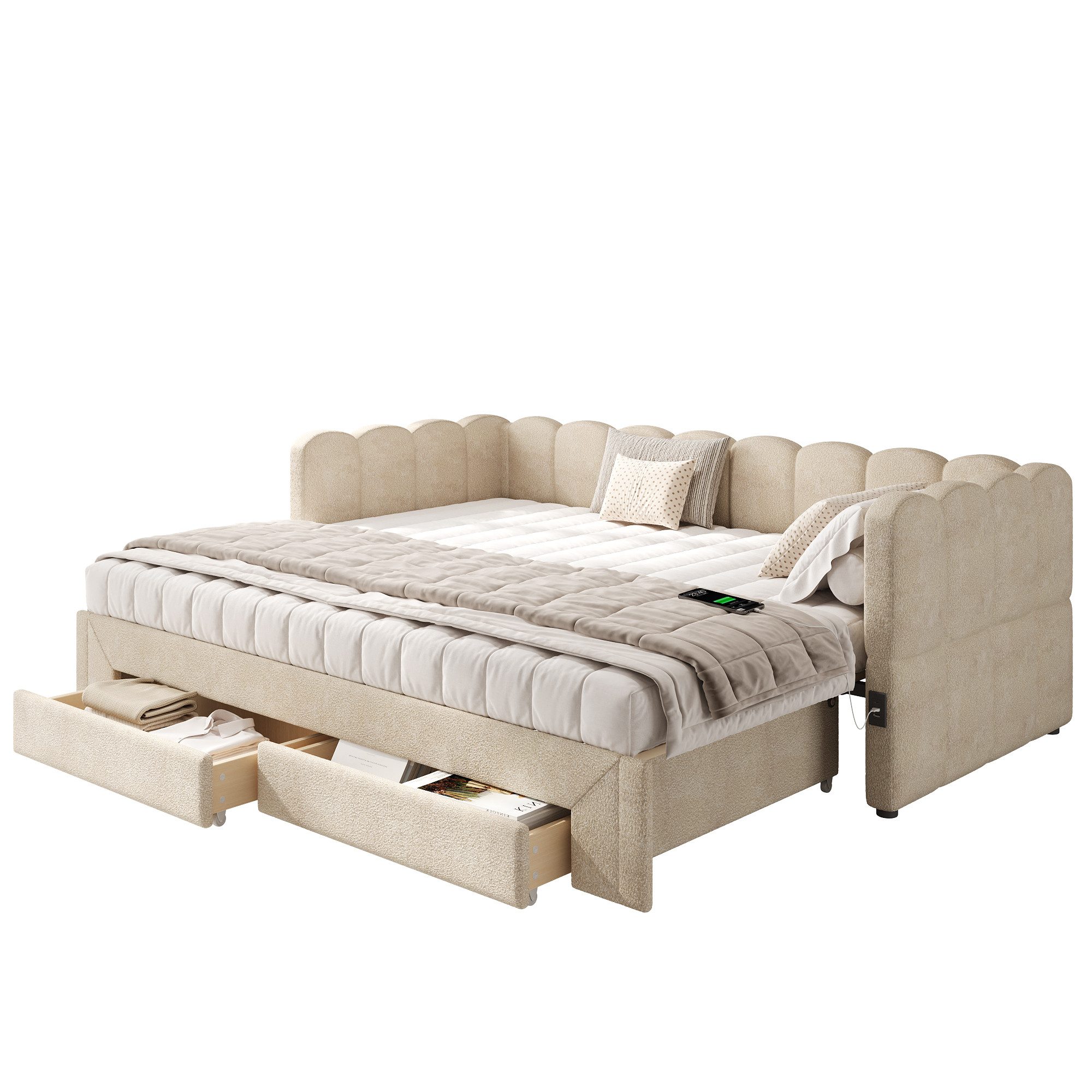 SOFTWEARY Schlafsofa mit Bettfunktion und Schubladen, 90x200cm/180x200cm, mit Lattenrost, USB und Type-C, Liegefläche erweiterbar, Polsterbett, Einzelbett, Chenille