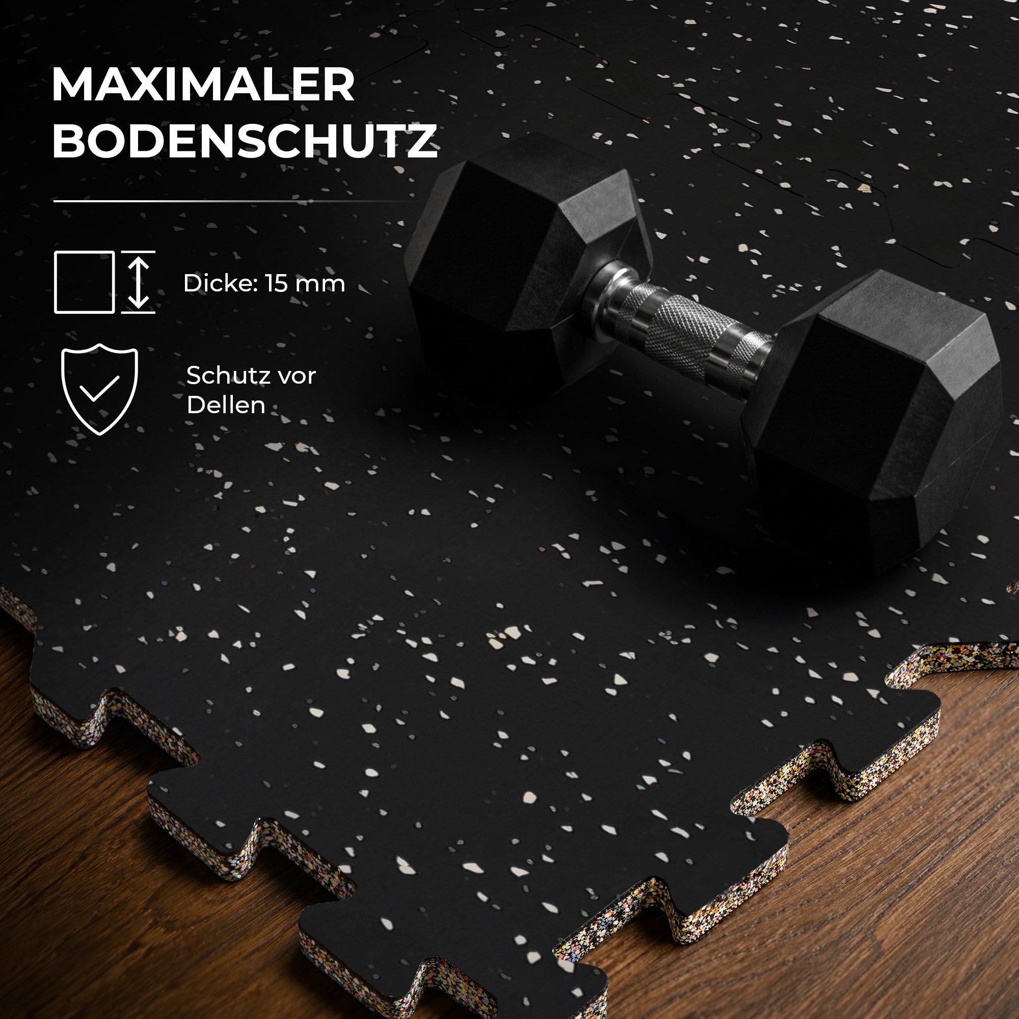 Krafitive Bodenschutzmatte Puzzlematte Fitness Sportboden Schwerlast Schallschutz, 6-St., 6er-Set, 15mm dickes Gummigranulat, bis 200kg belastbar & vibrationsdämpfend.