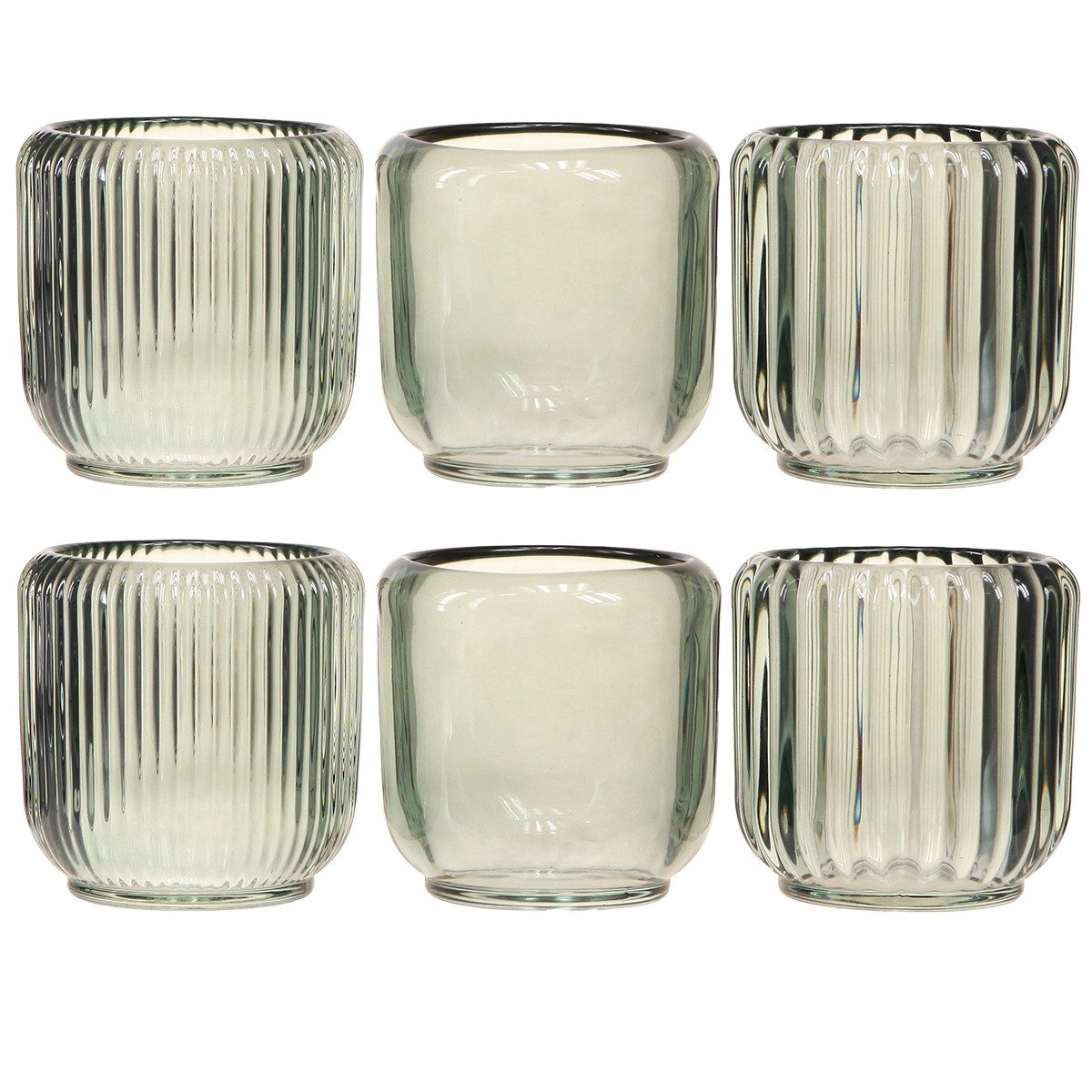 Florists Products Tischvase Teelichthalter Set Grau Glas Rillen Vintage Kerzenhalter, 6 Stück
