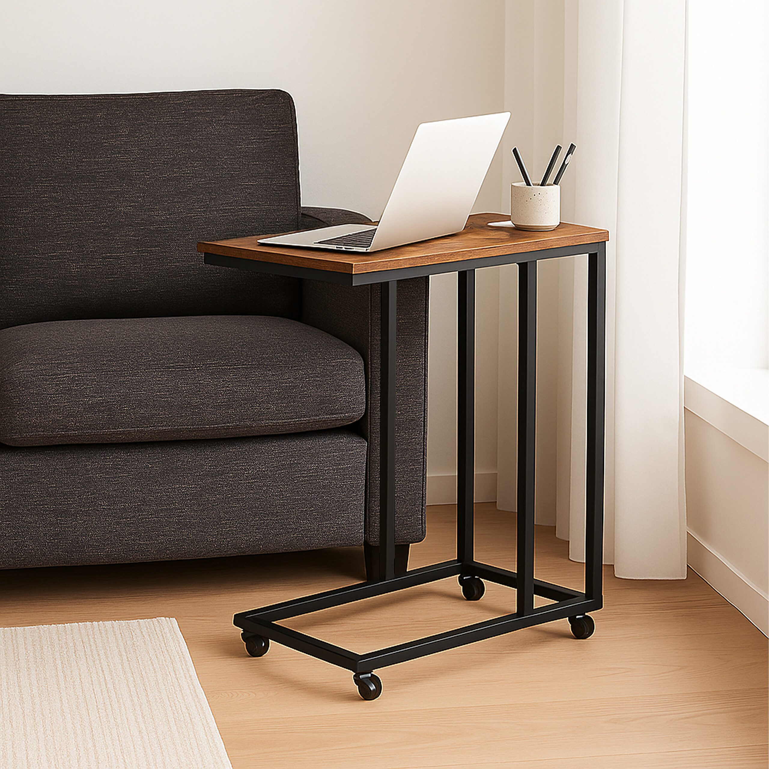 relaxdays Beistelltisch in C Form mit Rolle, Industrial-Schwarz günstig online kaufen