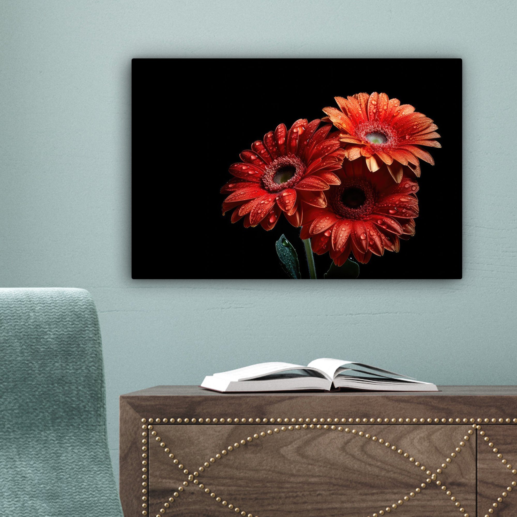 OneMillionCanvasses® Leinwandbild Blumen - Botanisch Aufhängefertig, - - Natur, 30x20 - Wandbild Rot St), cm (1 Leinwandbilder, Gerbera Wanddeko
