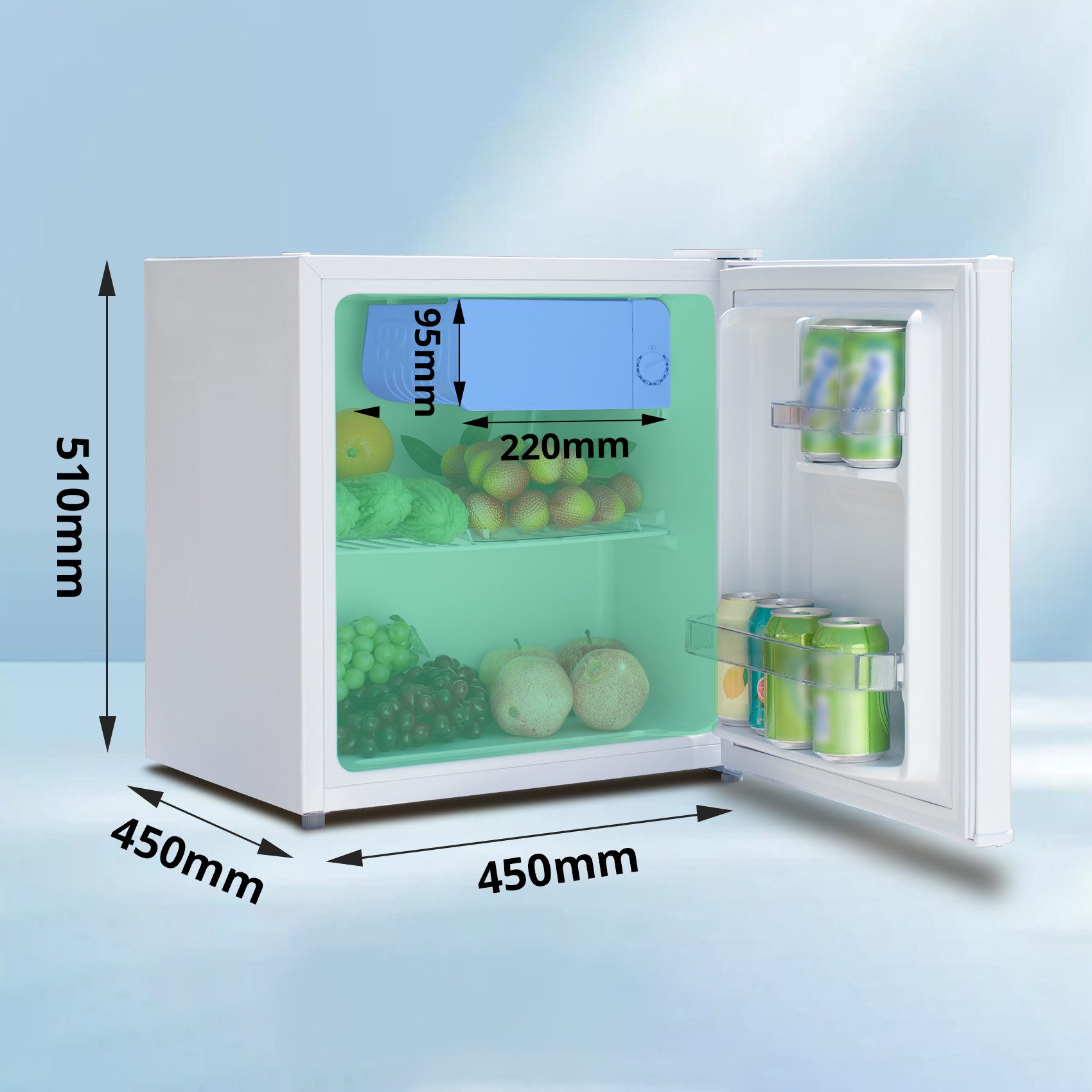 Smad Table Top Kühlschrank reversibler Einzeltür Mini-Kühlschrank DSF-48D6E, 51 cm hoch, 45 cm breit, 6-stufigem Thermostat Kühlfach, 39 dB, für Schlafzimmer/Büro