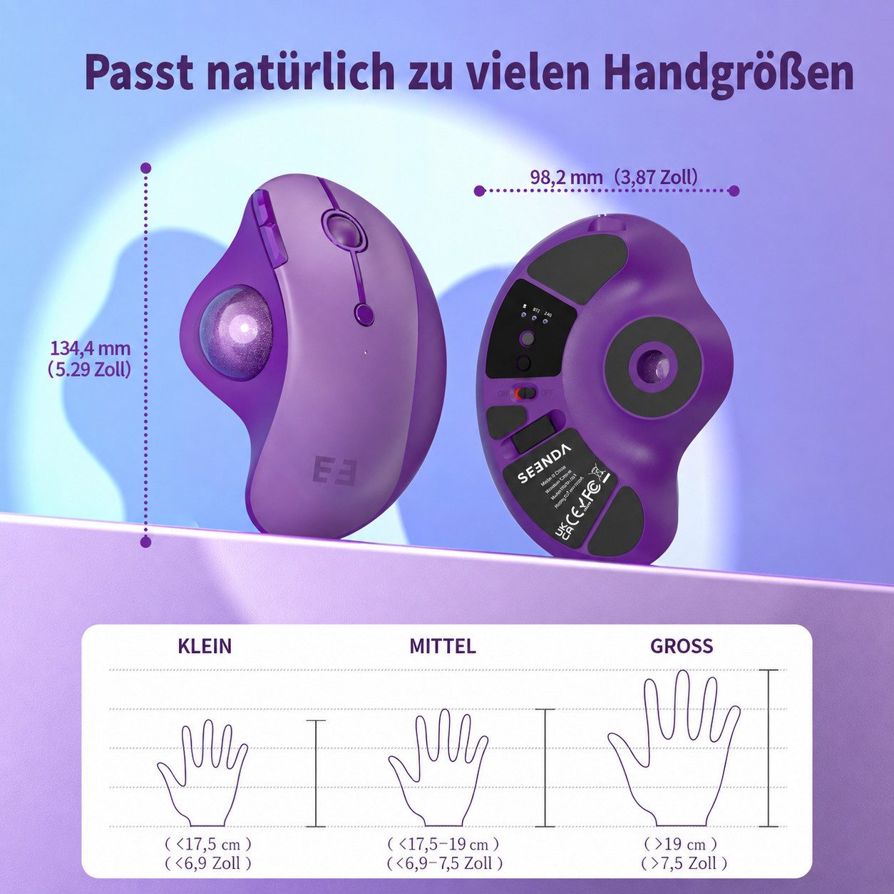 Seenda MOU-301 Ergonomische Trackball-Maus Bluetooth 2,4 GHz, 3 Geräte Maus (Bluetooth, Funk, Ergonomisch, Wiederaufladbar, Multi-Geräte Bluetooth) – Bild 5 von 5