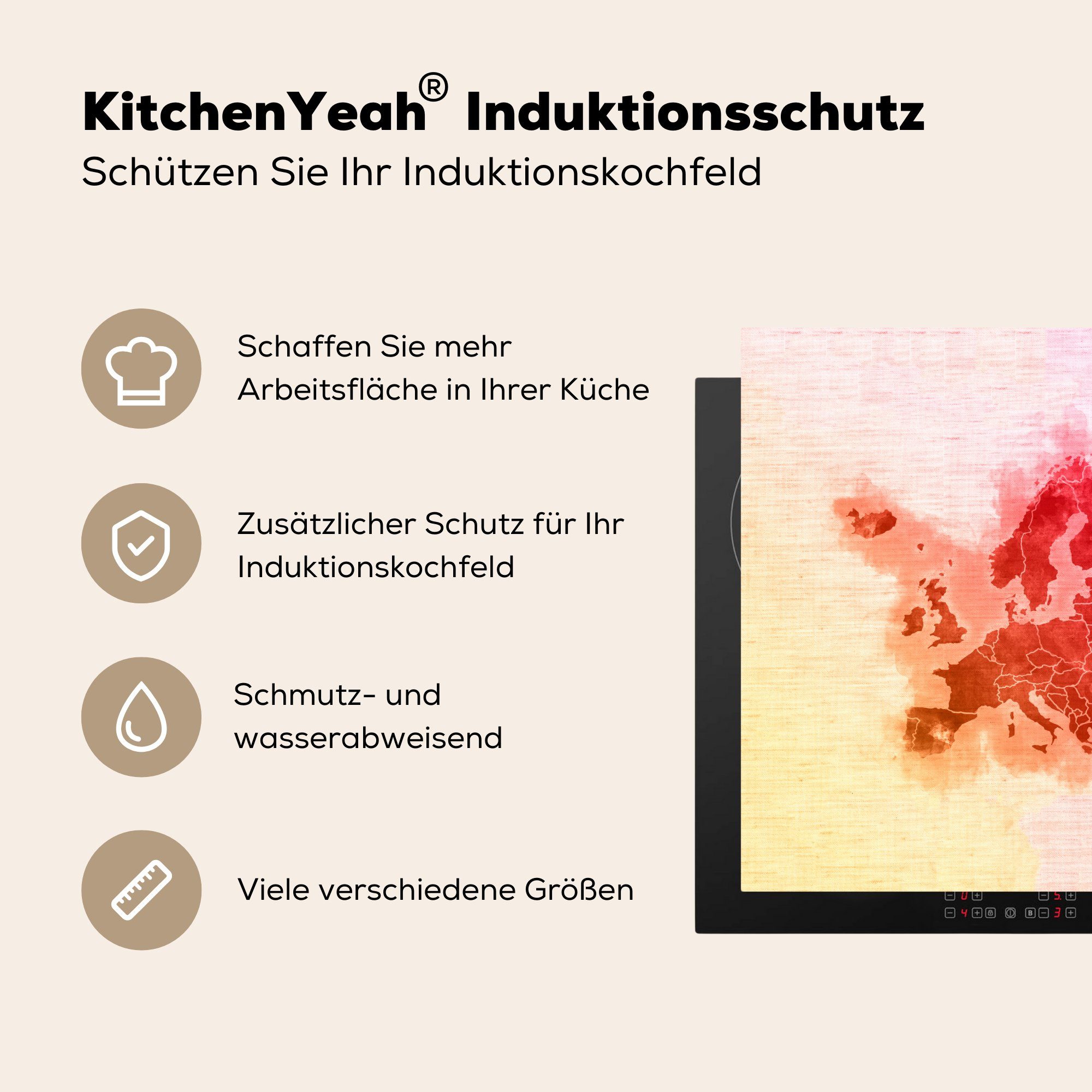 MuchoWow Herdblende-/Abdeckplatte Europa Vinyl, - (1 - Rot, Arbeitsplatte für Aquarell 78x78 küche Ceranfeldabdeckung, cm, tlg)