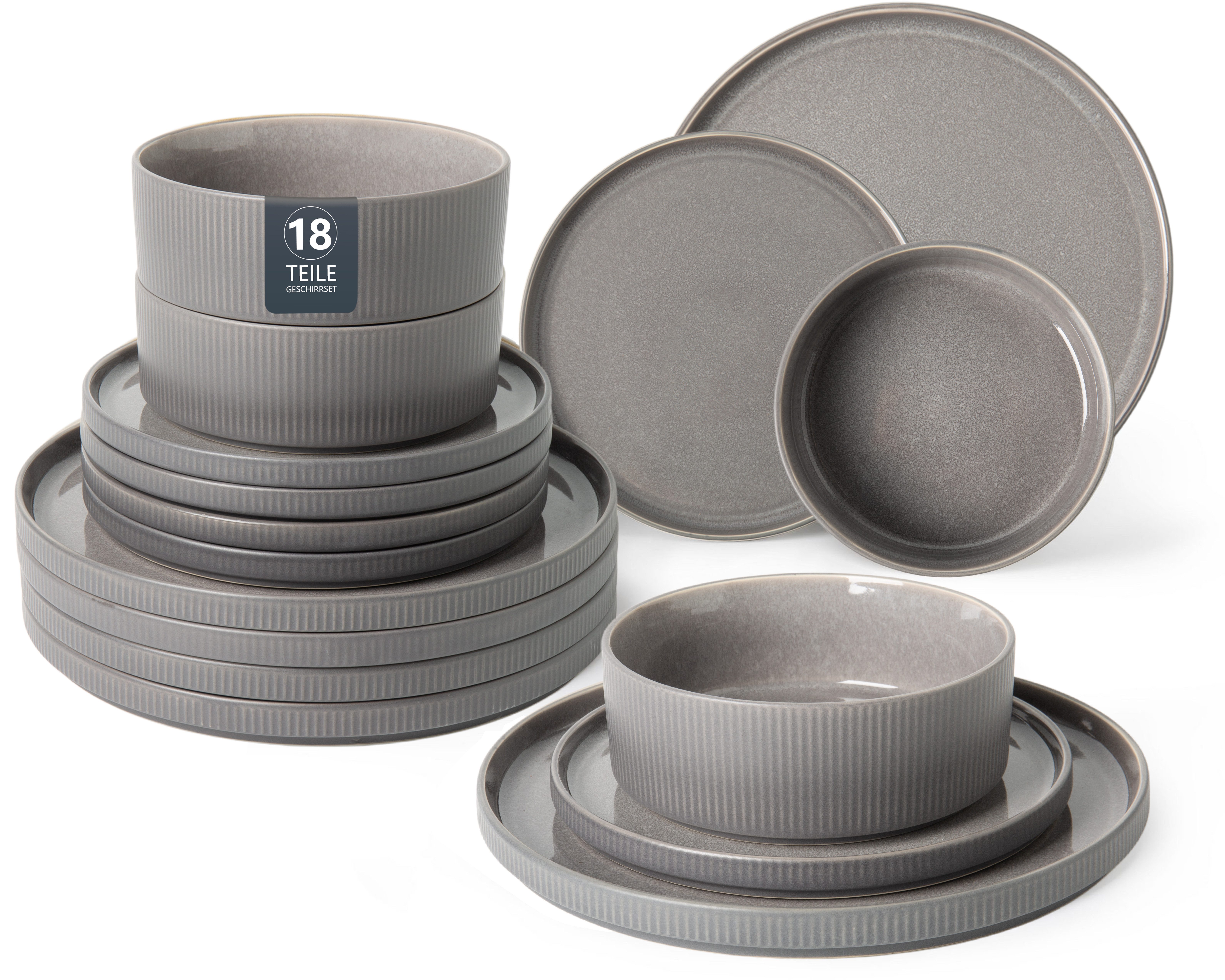 OTTO home Geschirr-Set Ylvii, außen matt, innen reaktiv glasiert (18-tlg), 6 Personen, Steinzeug, Riffeloptik, spülmaschinenfest und mikrowellengeeignet