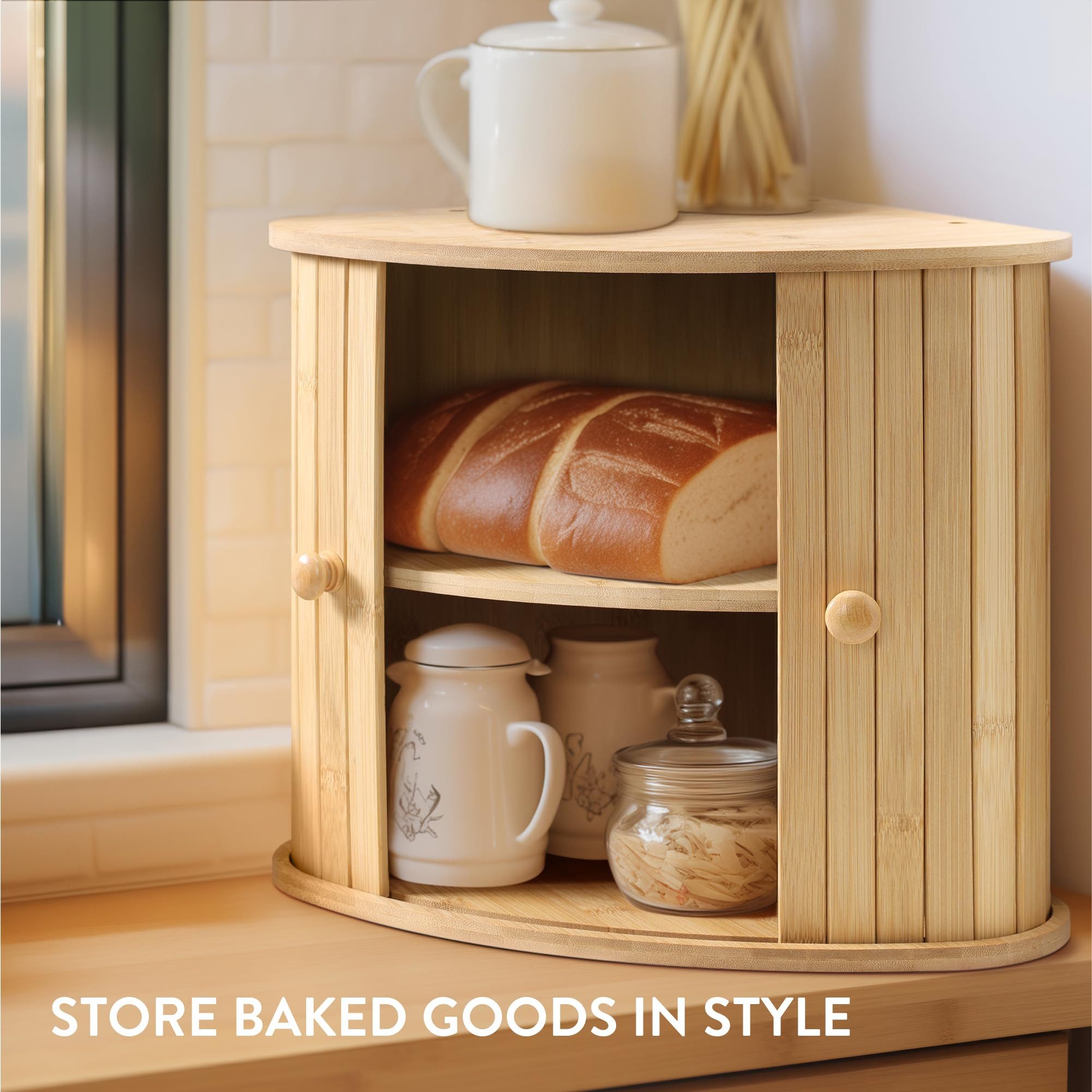Navaris Brotkasten Navaris Eck-Brotkasten Bambus 2 Etagen 30x30x31 cm, Holz