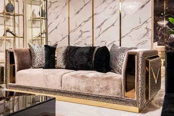 JVmoebel Wohnzimmer-Set Luxus Sofagarnitur Gold Schwarz Couch Set Polster Möbel 331 Sofort, (3-St., 2x Sofa 3-Sitzer/Sessel), Made in Europa
