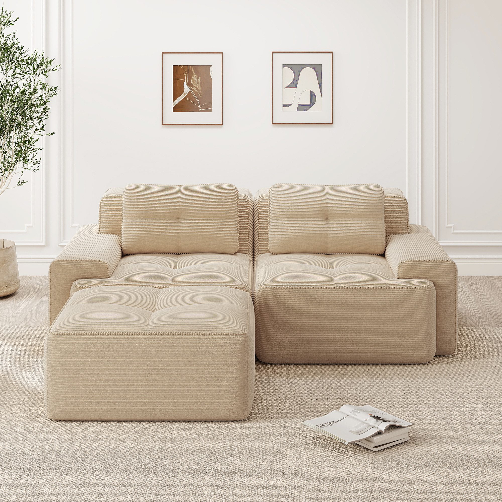 BBWL Sofa mit Ottoman, L-Form Cloud Sofa mit Tiefsitz 2-Sitzer Schlafsofa, Boneless Modulsofa Cord aus Cordstoff, Couch