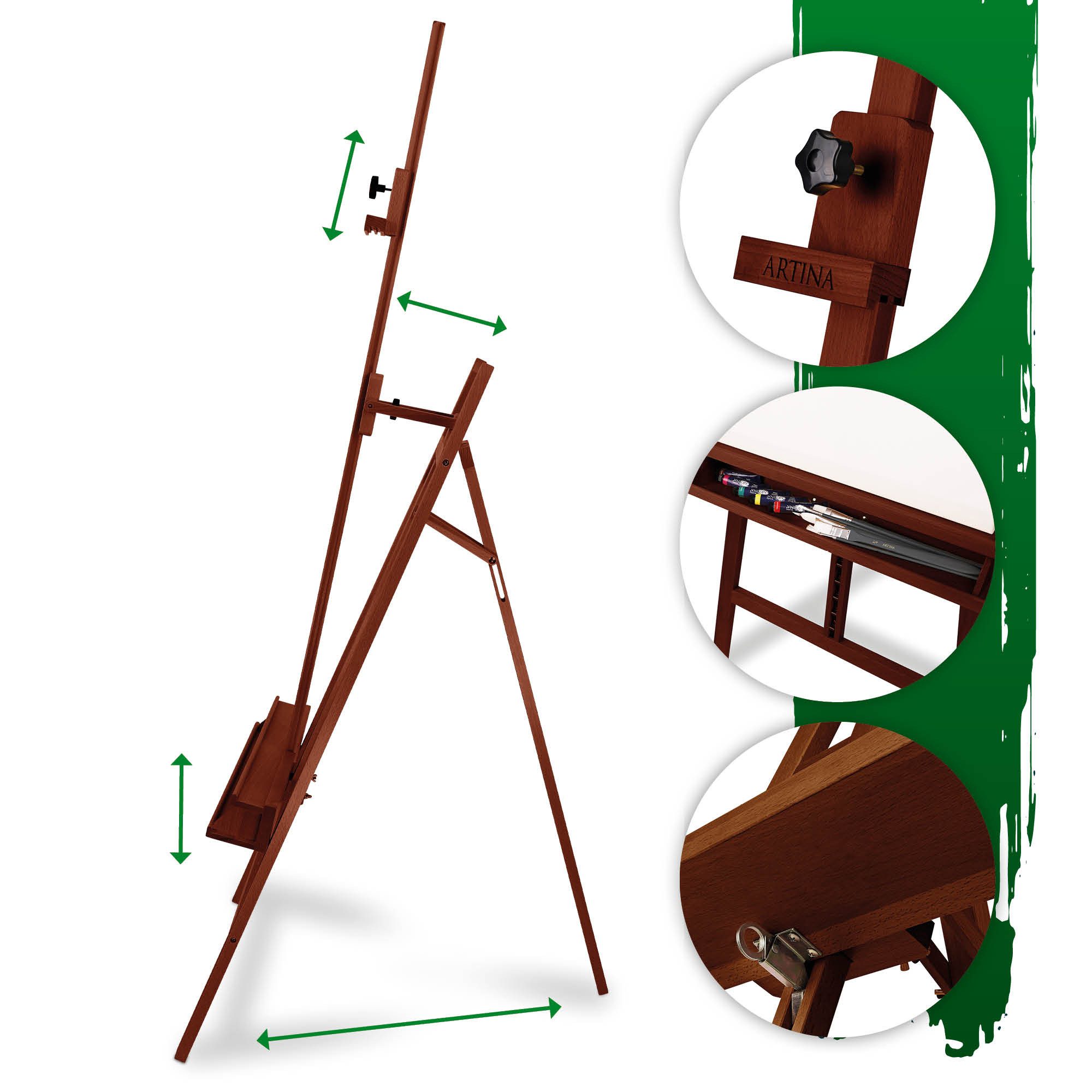 Artina Staffelei Staffelei Holz Groß Barcelona bis 120cm - 225cm verstellbar, Malstaffelei für Keilrahmen bis 120cm – 225cm verstellbar – Bild 4 von 5