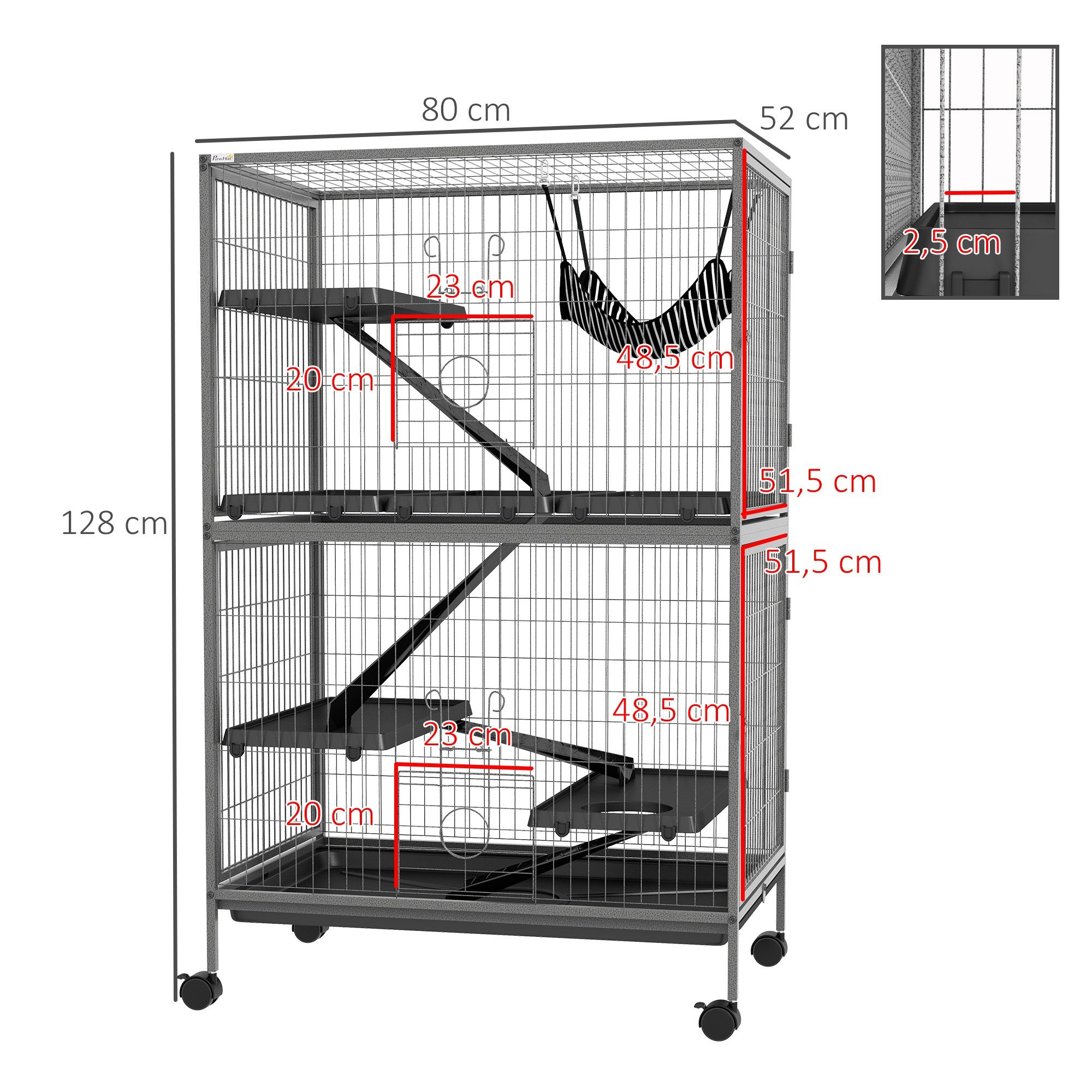 PawHut Kleintierkäfig Frettchenkäfig mit ausziehbarem Tablett Hängematte, Rampen, Rollen, für Eichhörnchen, Zwerghamster, Chinchilla Grau