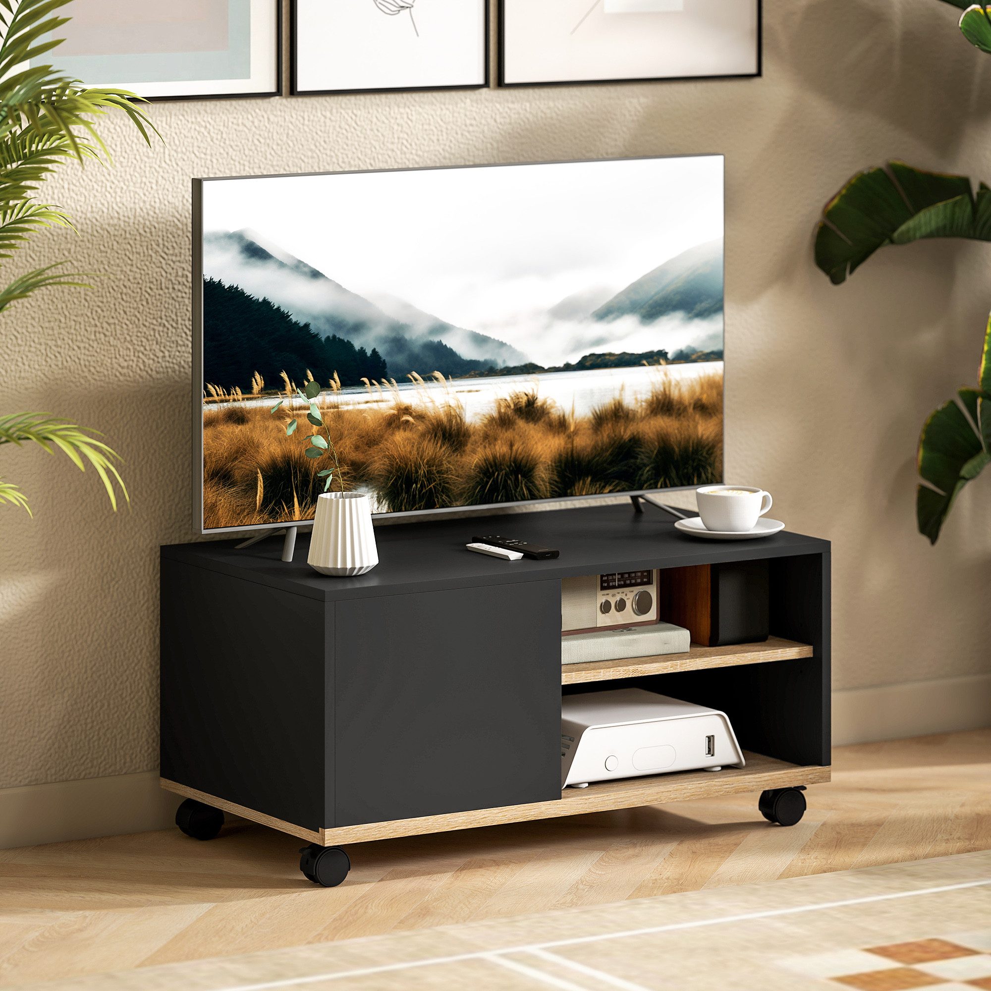 HOMCOM TV-Board Fernsehtisch, TV Board für Wohnzimmer, Schwarz und Eiche (Lowboard auf Rollen, 1 St., 1 TV-Schrank), Mit Rollen und Kabelführung, für 32 Zoll TV