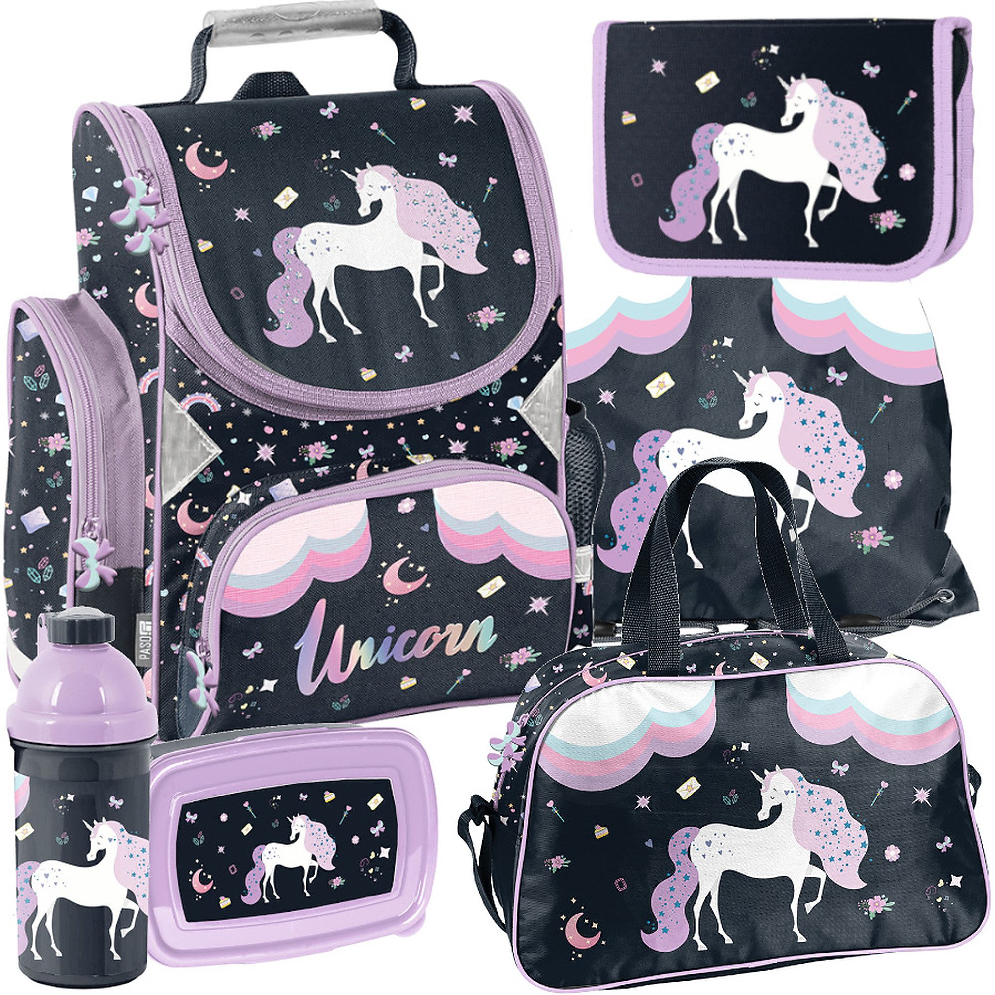 PASO Schulrucksack Mega-Set Einhorn Schulset 6-tlg (Rucksack + Turnbeutel + Federmäppchen + Lunchbox + Trinkflasche + Sporttasche, 6-tlg)