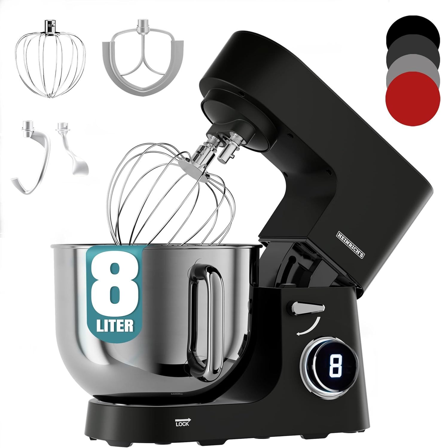 Heinrich´s Küchenmaschine HKM 8080 Schwarz, 2500 W, 8 l Schüssel, 2500W, 8L Edelstahl, 8 Geschwindigkeiten