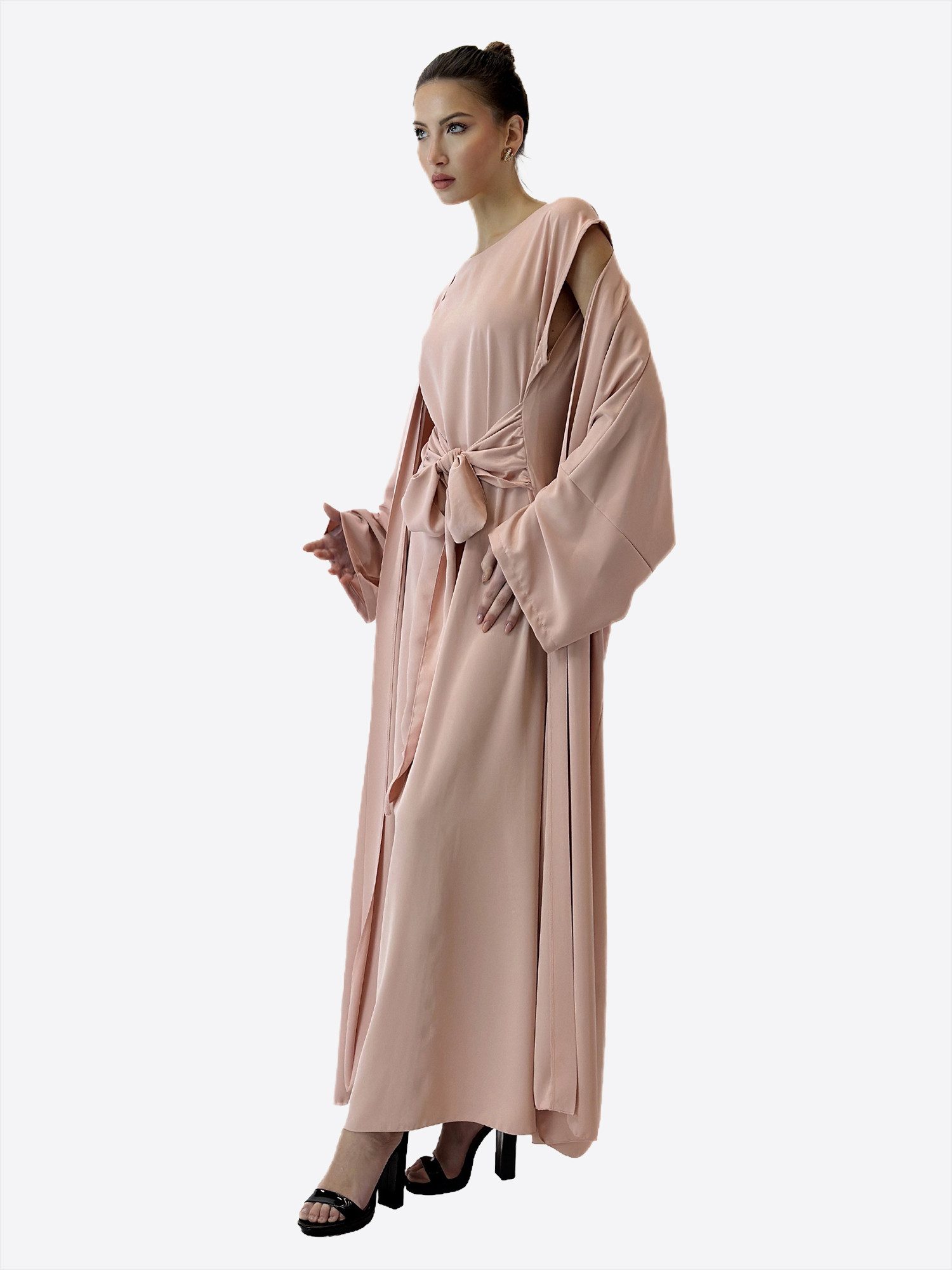 Elara Maxikleid — Abaya Set One Size – Unterkleid & Cardigan mit Bindeschleife (2-tlg)
