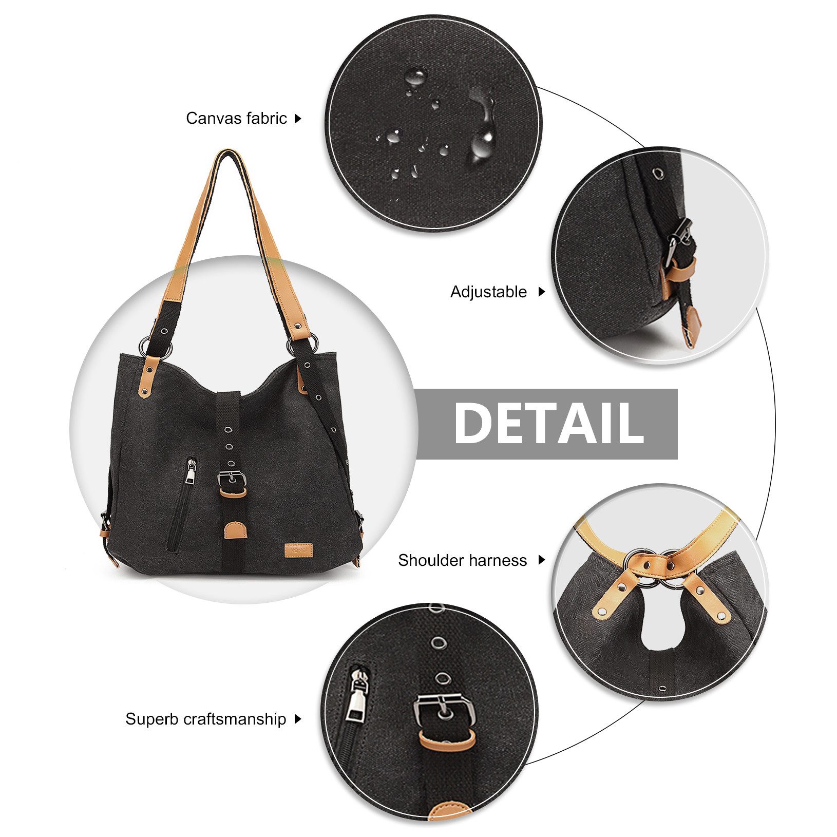 KONO Handtasche Canvas Handtasche 2 in 1 Canvas Verstellbare Schultergurte