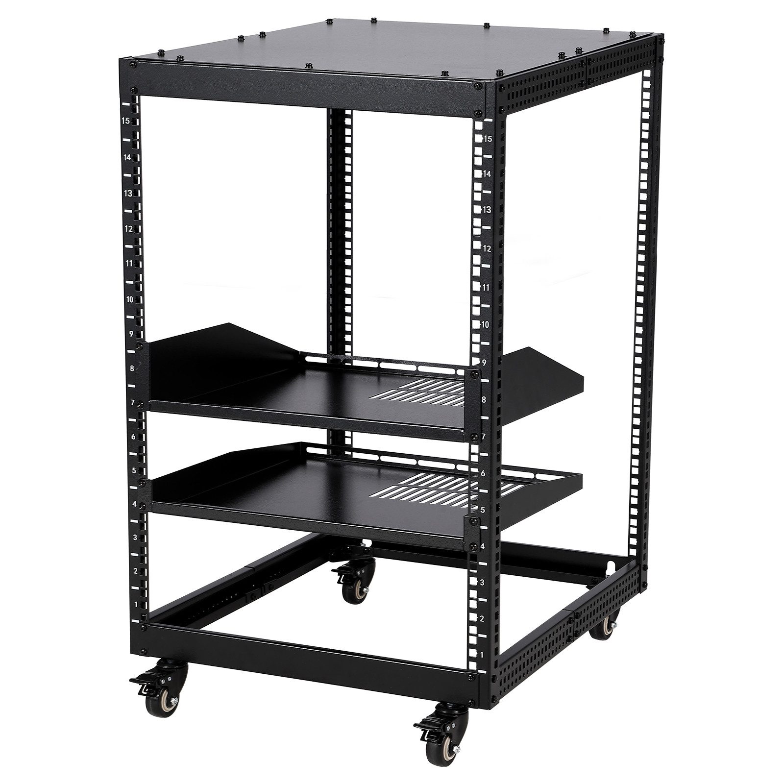 GarveeMore PC-Gehäuse Stabiles offenes Server-Rack aus Stahl – verstellbare Tiefe 58–102 cm, (1 St), 2x 1U belüftete Ablagen, abschließbare Rollen –freistehend – bis 227kg
