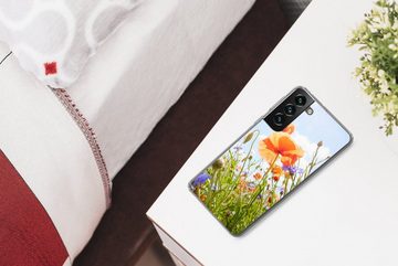 MuchoWow Handyhülle Blumen - Mohn - Frühling - Natur - Rot - Blau, Phone Case, Handyhülle Samsung Galaxy S22+, Silikon, Schutzhülle