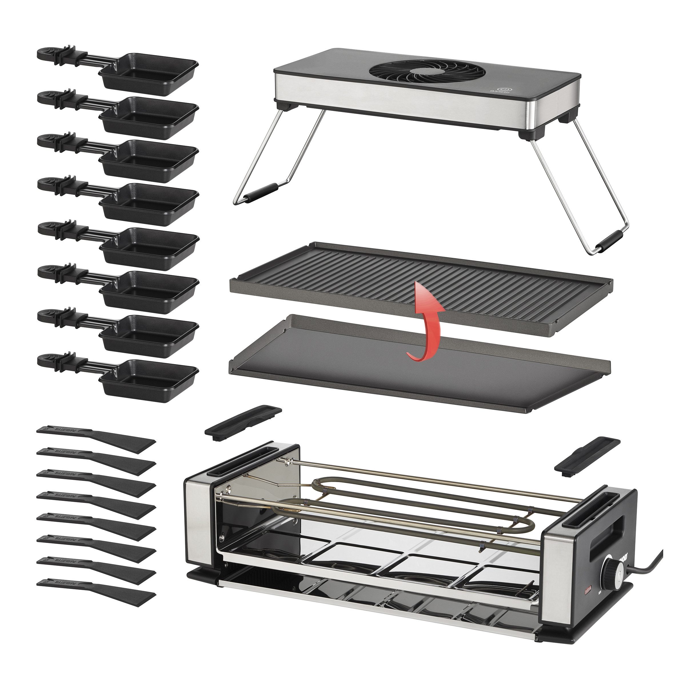 Unold Raclette Raclettebundle Smokeless mit Raclettebuch 487859, 8 Raclettepfännchen, 1200 W, mit Abzugshaube wendbare Grillplatte