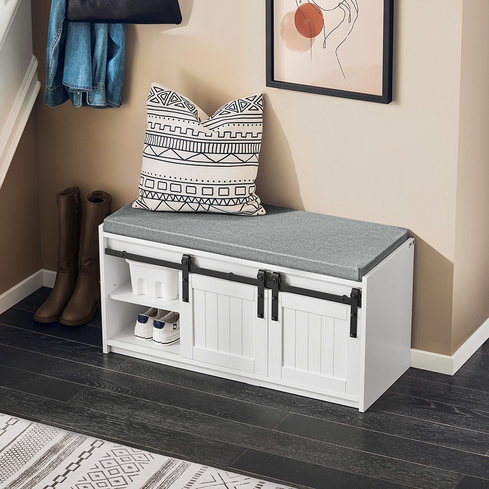 SoBuy Schuhbank FSR133, Schuhtruhe Sitzkommode Schuhregal schmal, viel Stauraum, mit Sitzfläche Sitzbank mit Stauraum Dielenbank mit Schiebetüren