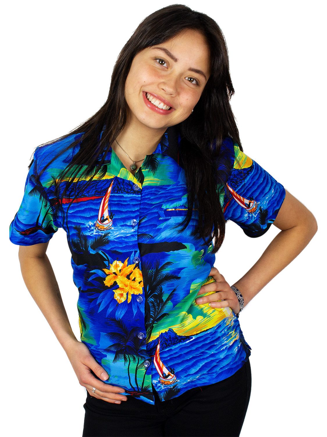 King Kameha Hawaiihemd Surf Funky Hawaiibluse Damen Kurzarm Front-Tasche Stylish