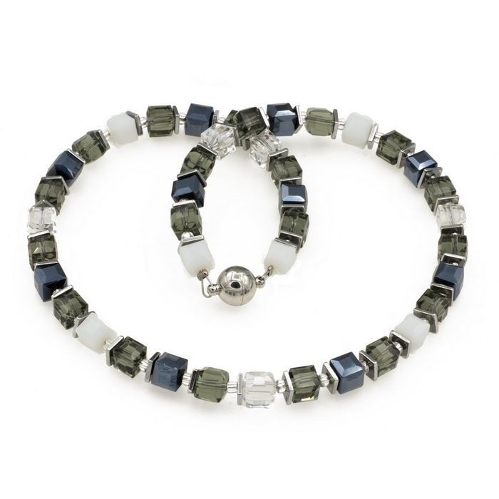 Bella Carina Perlenkette Kette mit Glaswürfel Perlen und Hämatit Scheiben schwarz grau weiß mit facettierten Glaswürfel Perlen