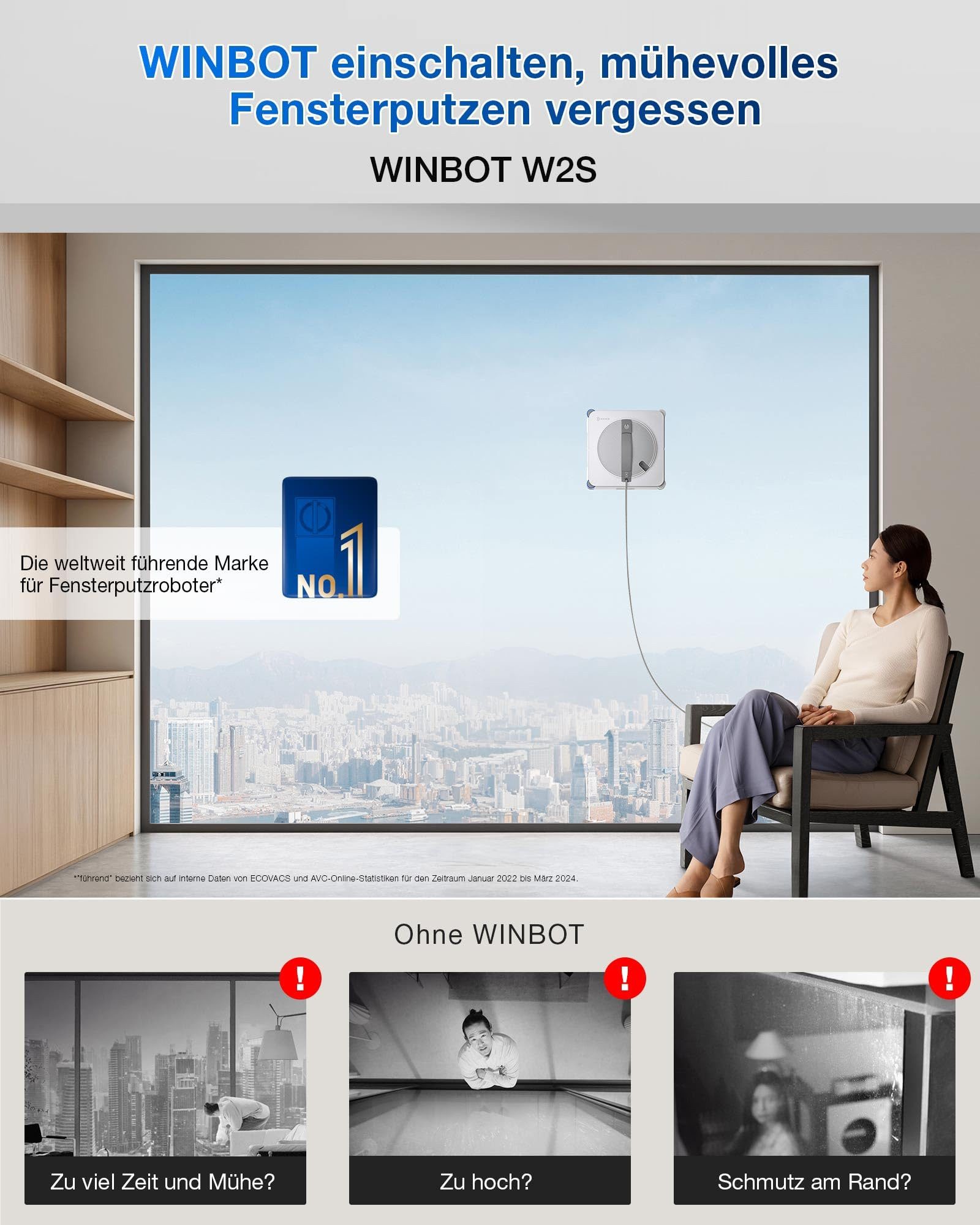 ECOVACS Fensterputzroboter WINBOT W2S, Fenstersauger Intelligente Bis-an-den-Rand-Reinigung, 3 Wasserdüsen, 10-stufiges Schutzsystem, Win-SLAM 4.0 Routenplanung weiß