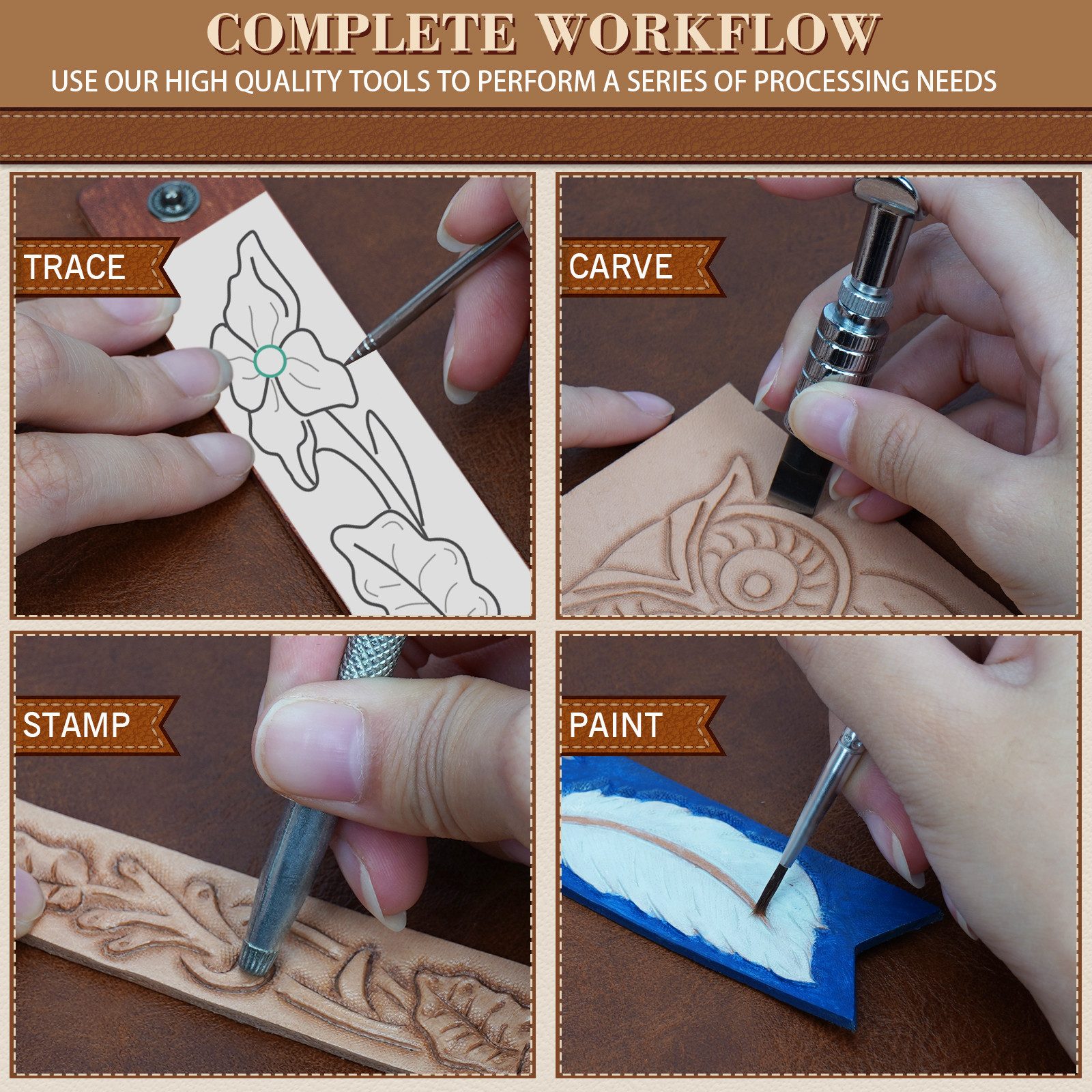 OSTWOLKE Kreativset Leder Handwerk Werkzeuge Set - DIY Zubehör für Hand Lederarbeiten