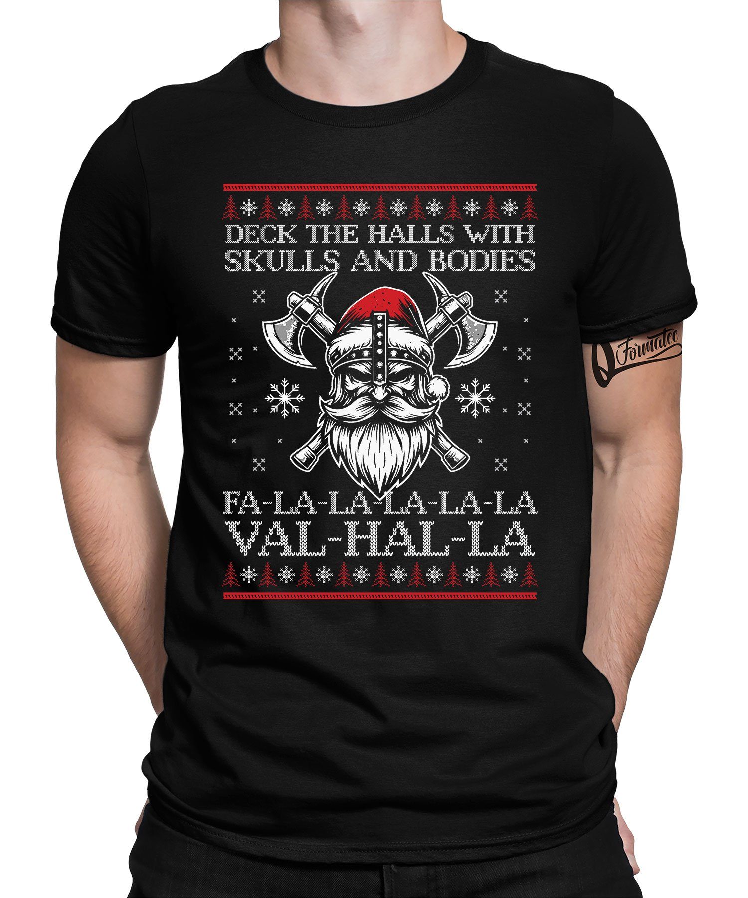 Quattro Formatee Kurzarmshirt Fa-La-La-La Valhalla Wikinger Skulls - Weihnachten X-mas Weihnachtsges (1-tlg) Schwarz