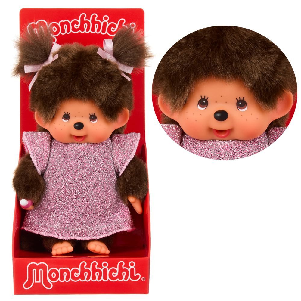 Monchhichi Plüschfigur Mädchen im rosa Glitter-Kleid 20 cm Monchhichi Puppe zwei Zöpfe