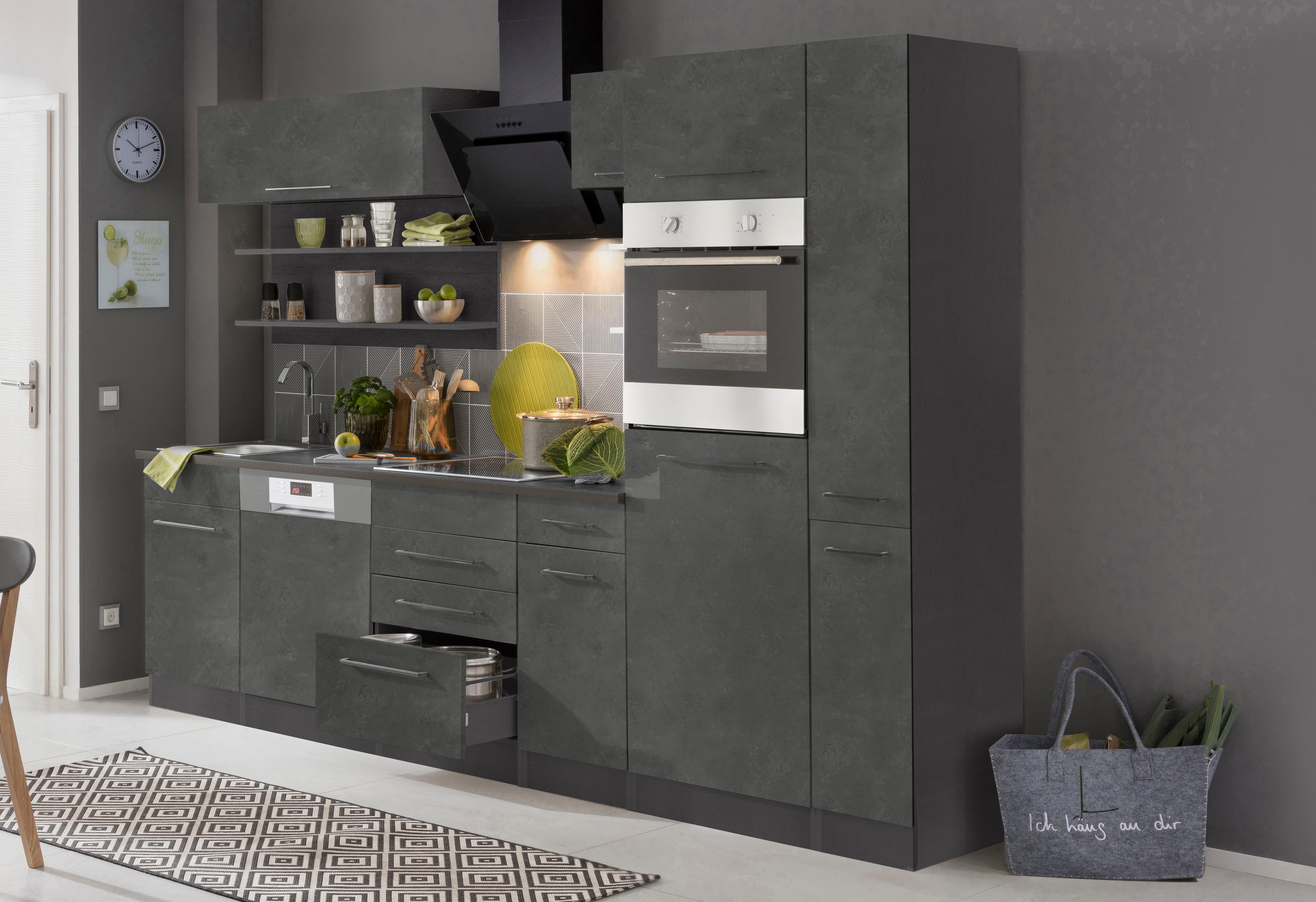 KOCHSTATION Küchenzeile KS-Tulsa, mit E-Geräten, Breite 270 cm, schwarze Metallgriffe, MDF Fronten