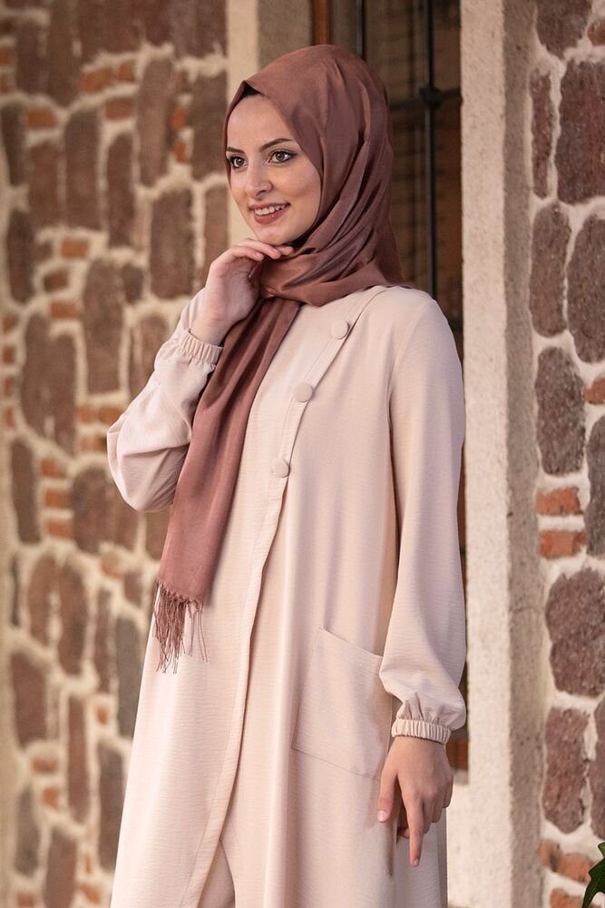 Modavitrini Tunikakleid Longtunika mit Hose Kleidung Stoff Creme-Weiß Hijab Damen Zweiteiler Aerobin Anzug