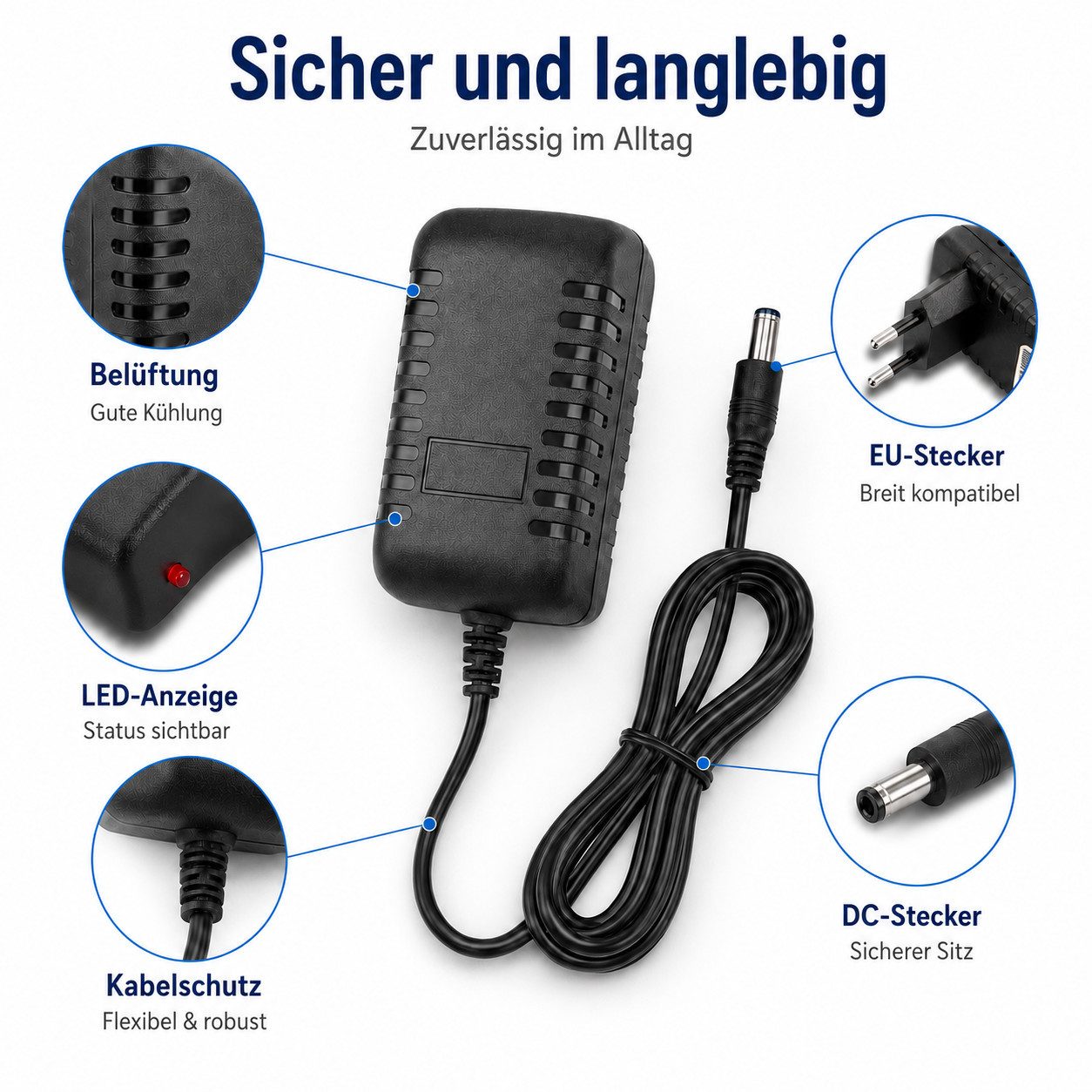 XEOOCE 5V Netzteil, 2A Netzadapter, 10W DC Adapter, EU Stecker Steckernetzteil (Kupfer-Nickel-Kontakte, Kabelzugentlastung)