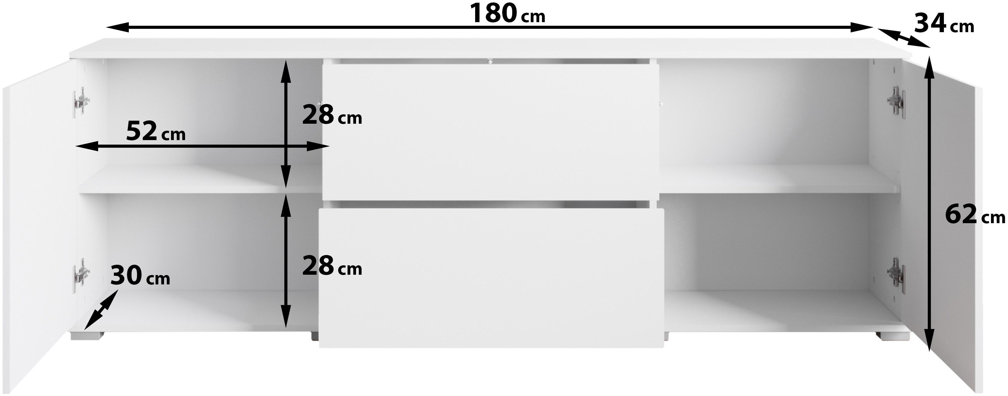 OTTO home Lowboard Kenia (1 St), 2 Türen, 2 Schubladen, Breite 180 cm, höhenverstellbare Einlegeböden