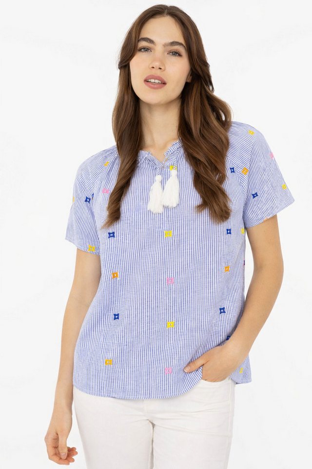 Zwillingsherz Kurzarmbluse "Stripe & Stitch" Kurzarm, mit Stickerei, Tunnelzug und Tasseln