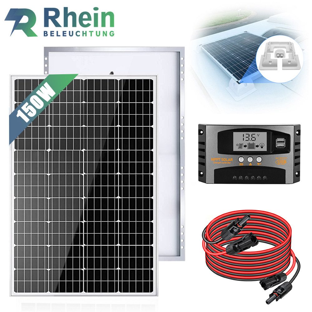 Rhein Beleuchtung Solarmodul 150W 12V Solaranlage Set für Wohnmobil & Camping, 150W solarpanel, 150 W, Monokristallin, (Set, 4-St., Mit 40A Laderegler & 3 m Kabel, 12 V Inselanlage), Halbzellen-Technologie, stabile Leistung, hohe Effizienz