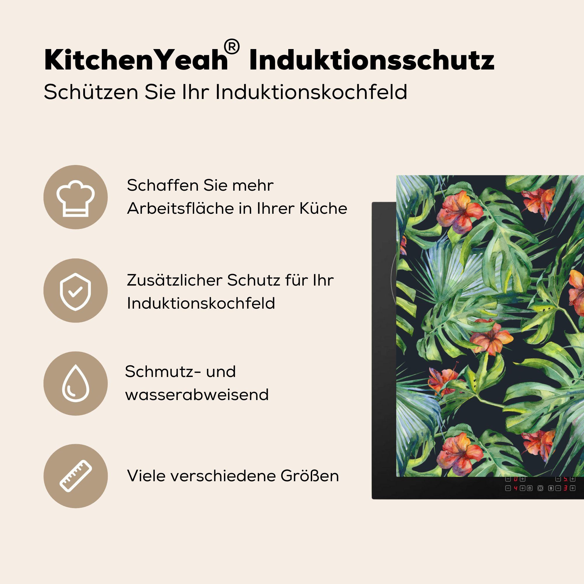 83x51 Blumen - Vinyl, (1 cm, Tropisch, - küche - tlg), Dschungel für MuchoWow Herdblende-/Abdeckplatte Arbeitsplatte Ceranfeldabdeckung, Blätter