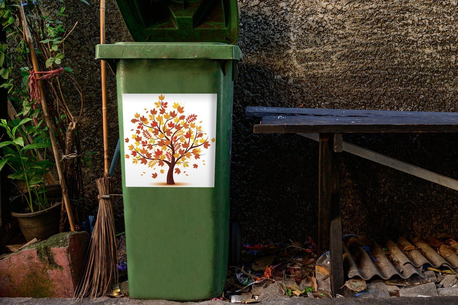 von Vektor-Illustration Mülltonne, Herbst Container, St), Mülleimer-aufkleber, einem Baum MuchoWow Abfalbehälter Eine Sticker, (1 bunten Wandsticker