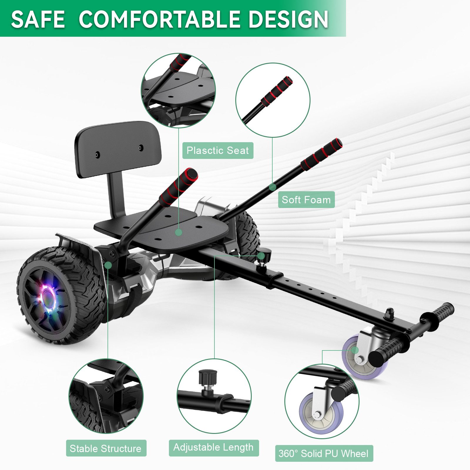 SISIGAD Balance Scooter Kart HY-B02 6,5 Zoll Dualmotorräder, Hoverboard mit kart,LED, Bluetooth, 10 km/h, Hoverboards mit Sitz&LED-Licht und Bluetooth,Geschenk für Kinder