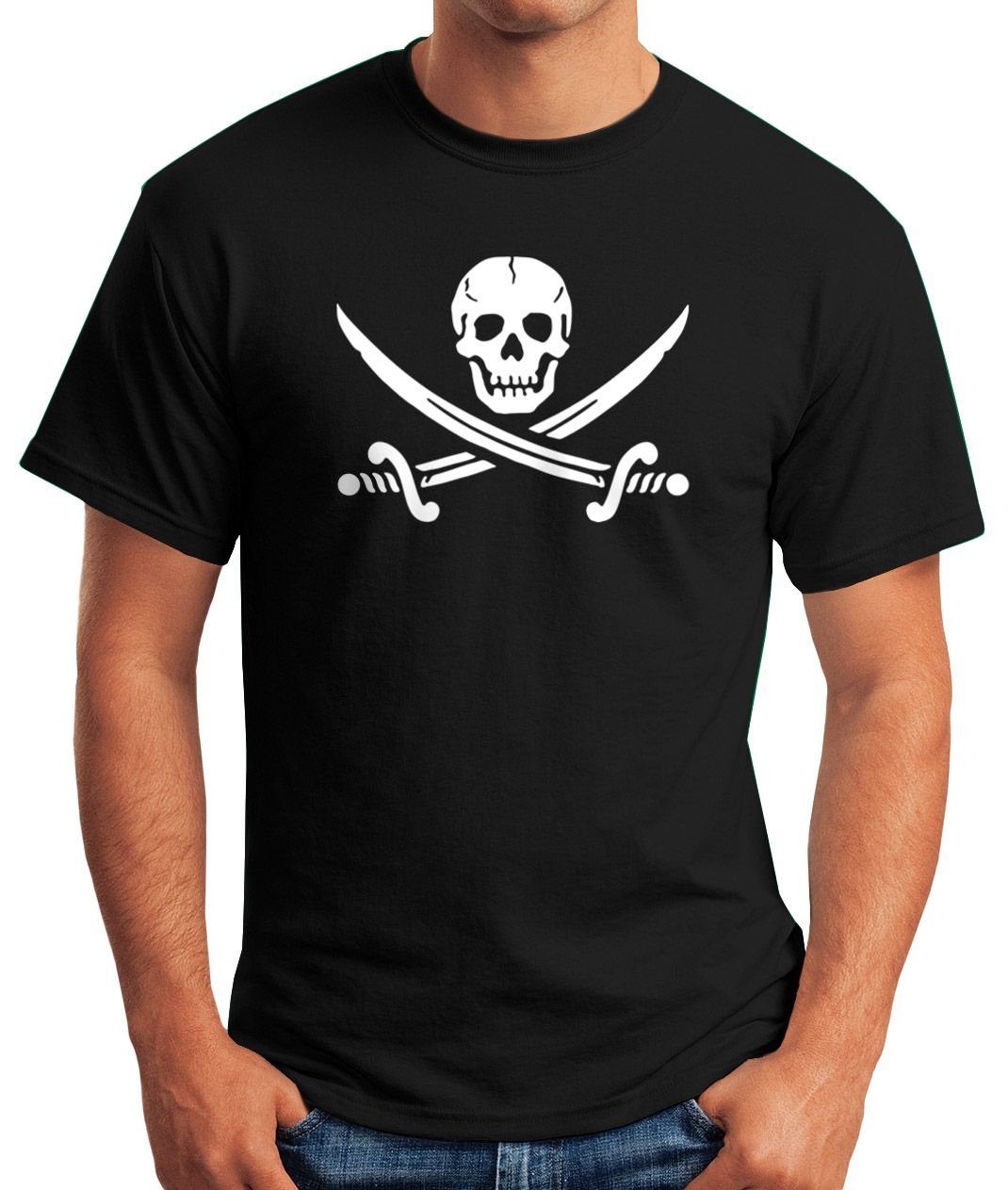 Jack Motiv Print Print-Shirt mit Fun T-Shirt Black Shirt Herren Moonworks® Pirat MoonWorks Totenkopf Piratenflagge