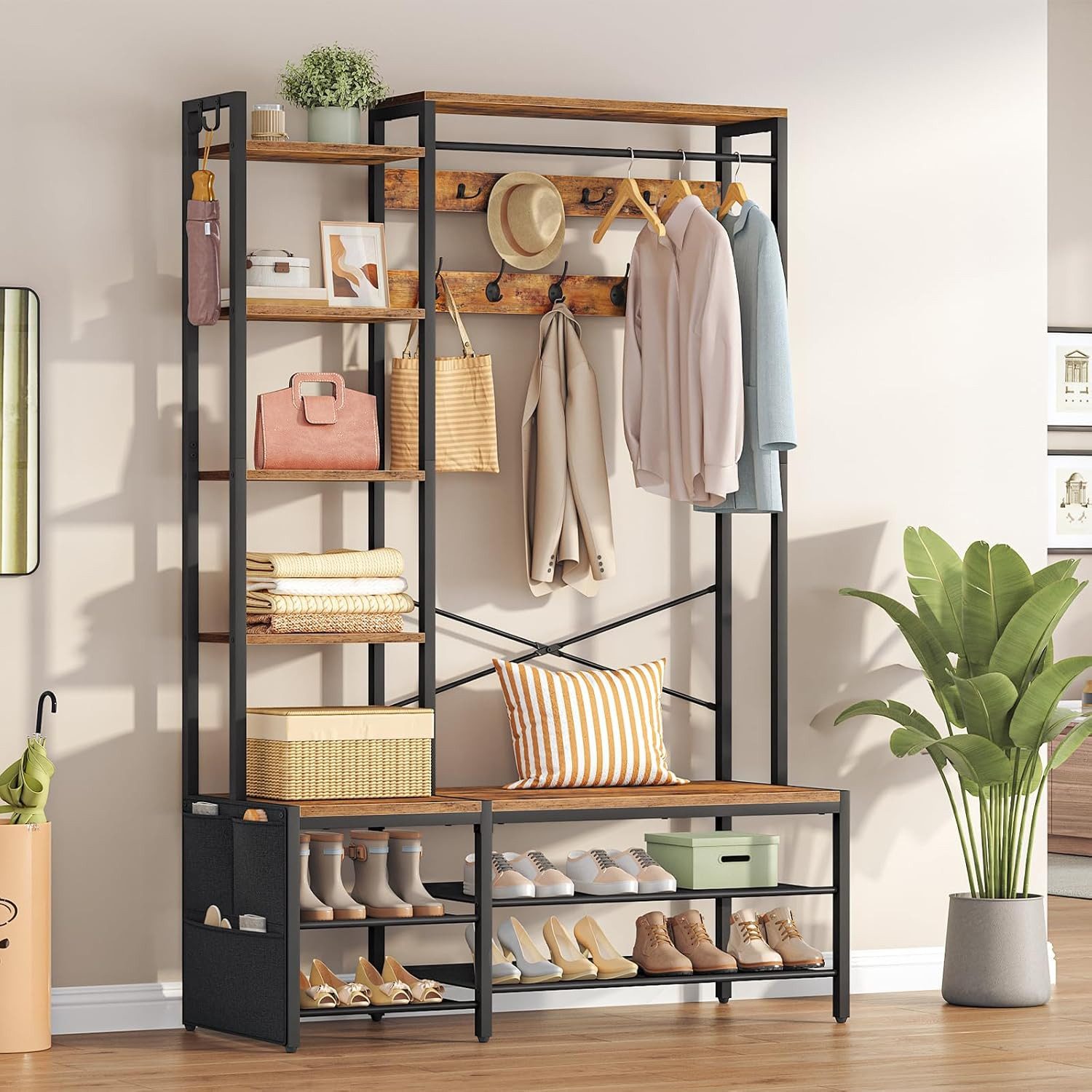 Hoobro Garderobenständer Garderobe mit Schuhregal und Sitzbank 9 Doppelhaken, 2 Seitenhaken, (1 Garderobenständer mit Schuhregal, Sitzbank, Haken, Ablagen und Seitentasche)