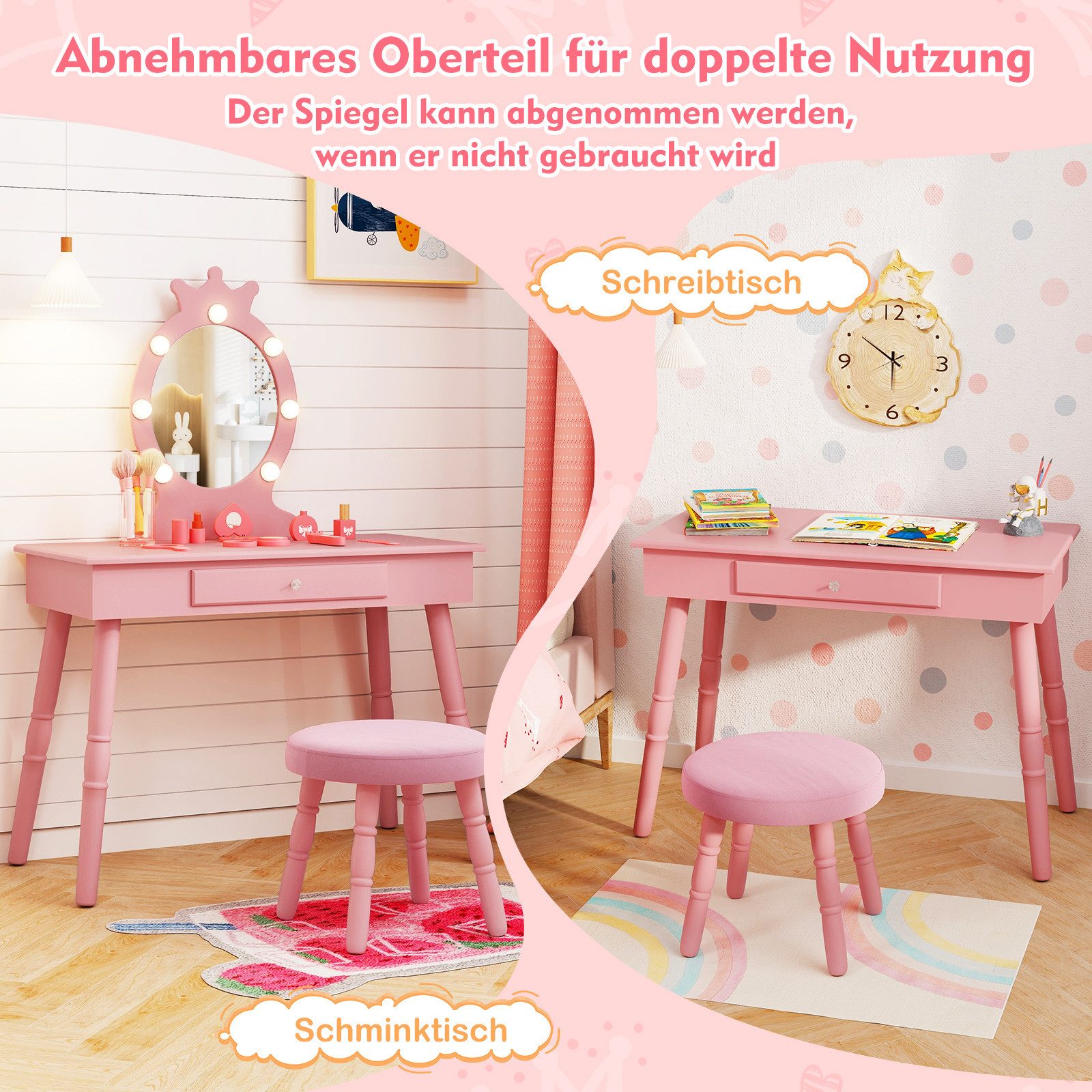 COSTWAY Schminktisch Kinderschminktisch mit Hocker, mit LED Beleuchtung