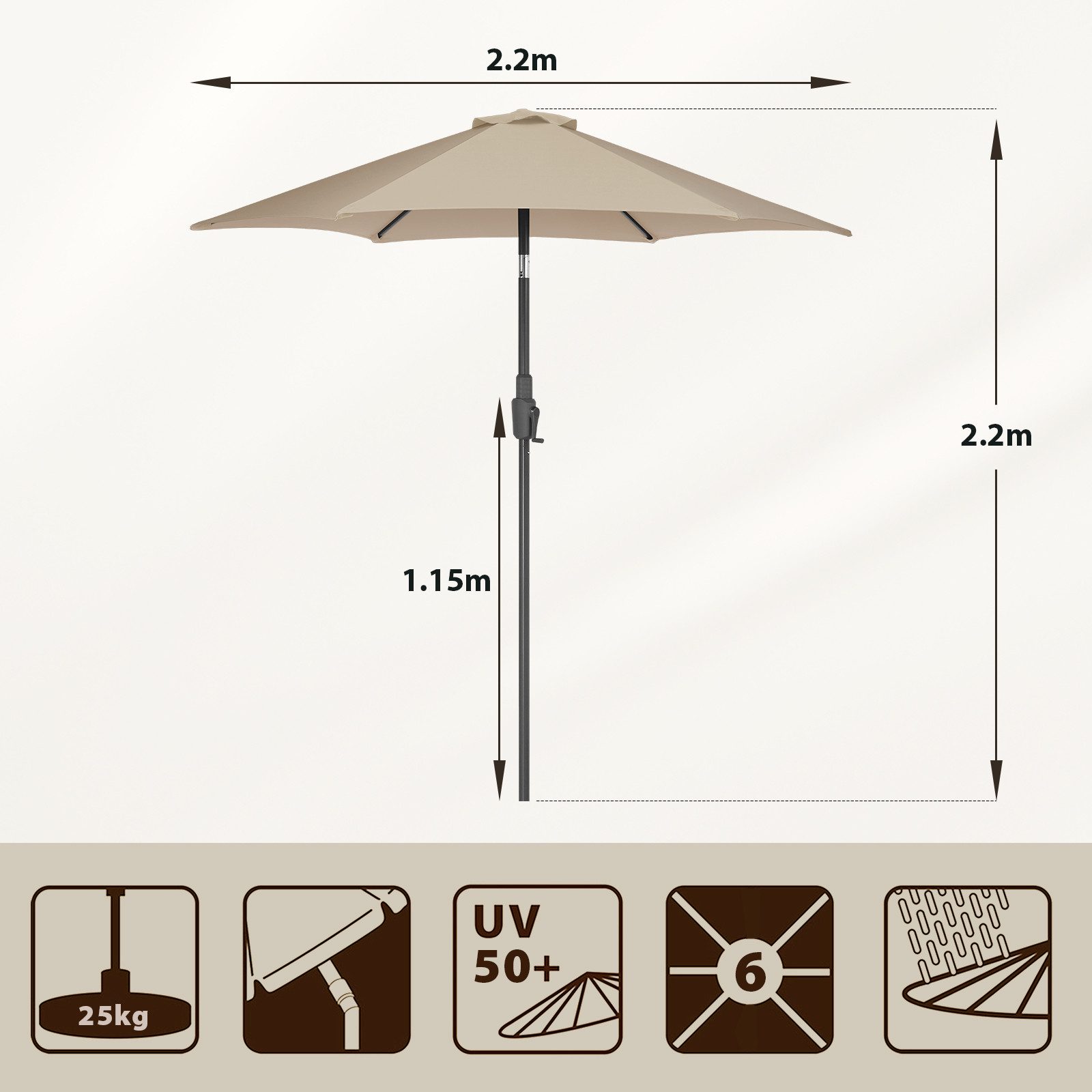 Sekey Sonnenschirm ∅ 220/270/350 cm Gartenschirm mit Kurbel Marktschirm Neigbar, LxB: 220x220 cm, Windfest, Stabil, UPF 50+, für Terrasse, Balkon und Garten